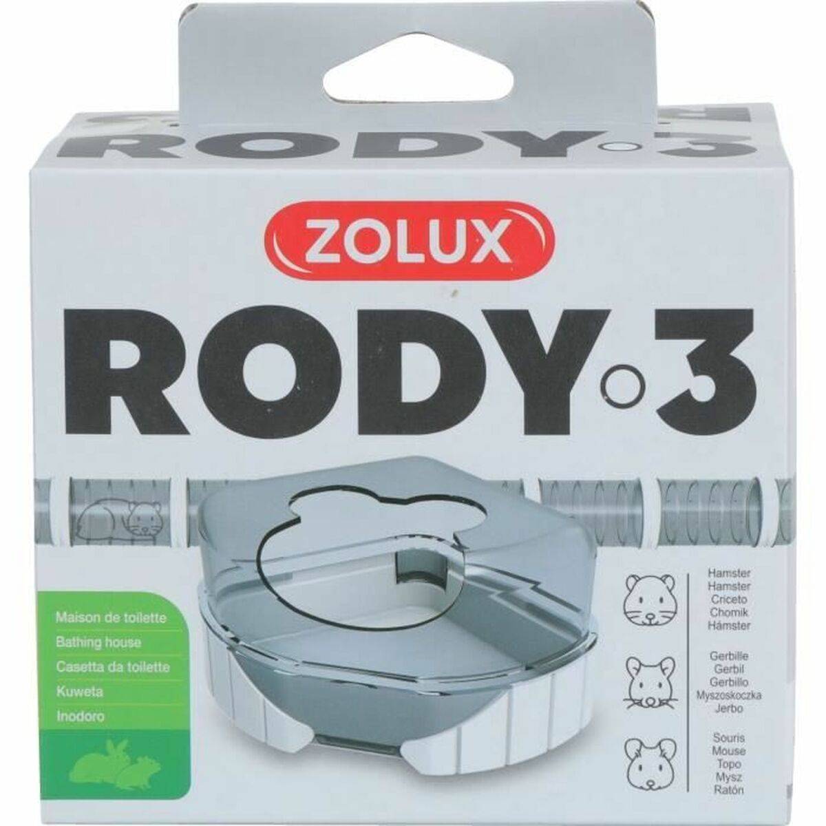 Eine Schachtel mit ZOLUX RODY 3 Hamsterzubehör. Sie enthält Bilder von einem Hamster und einem Badehaus.