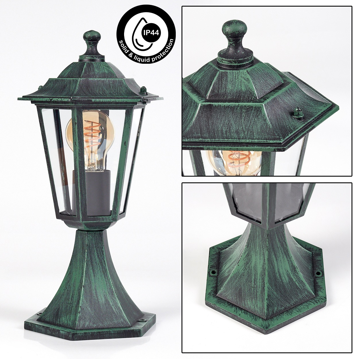 Grüne Außenlampe mit Details. Zeigt die Lampe und IP44-Schutzdetails.