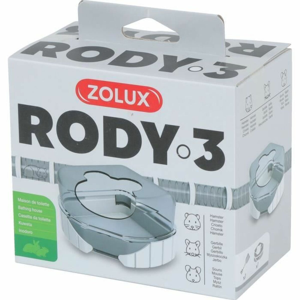 Eine Schachtel mit ZOLUX RODY 3 Hamsterzubehör. Die Box ist geöffnet, mit einem Badehaus im Inneren.