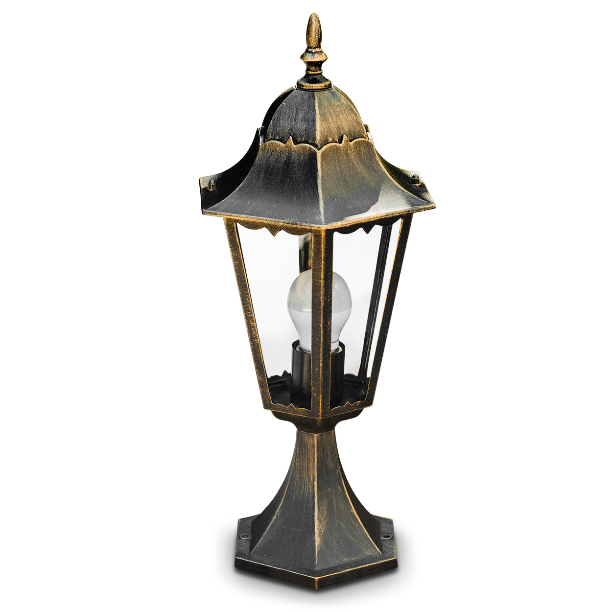 Eine Außenlampe in Bronze. Sie hat eine Edison-Glühbirne.