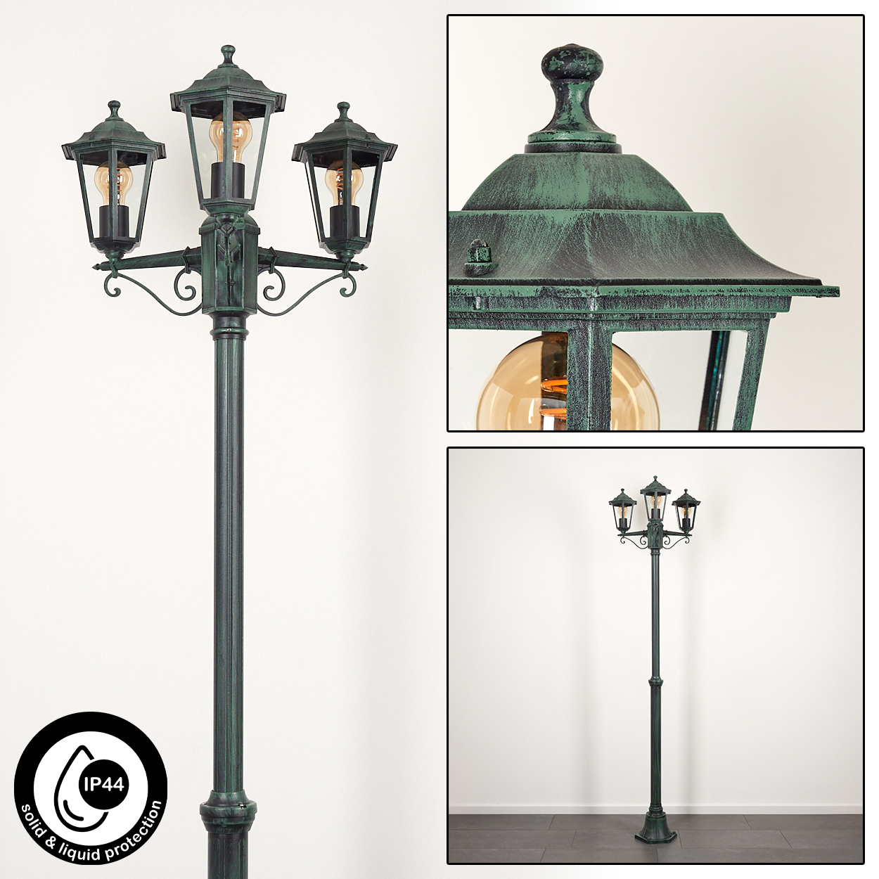 Eine grüne Laternenpfahl mit drei Lampen und einem Logo für festen & Flüssigkeitsschutz, auf weißem Hintergrund.