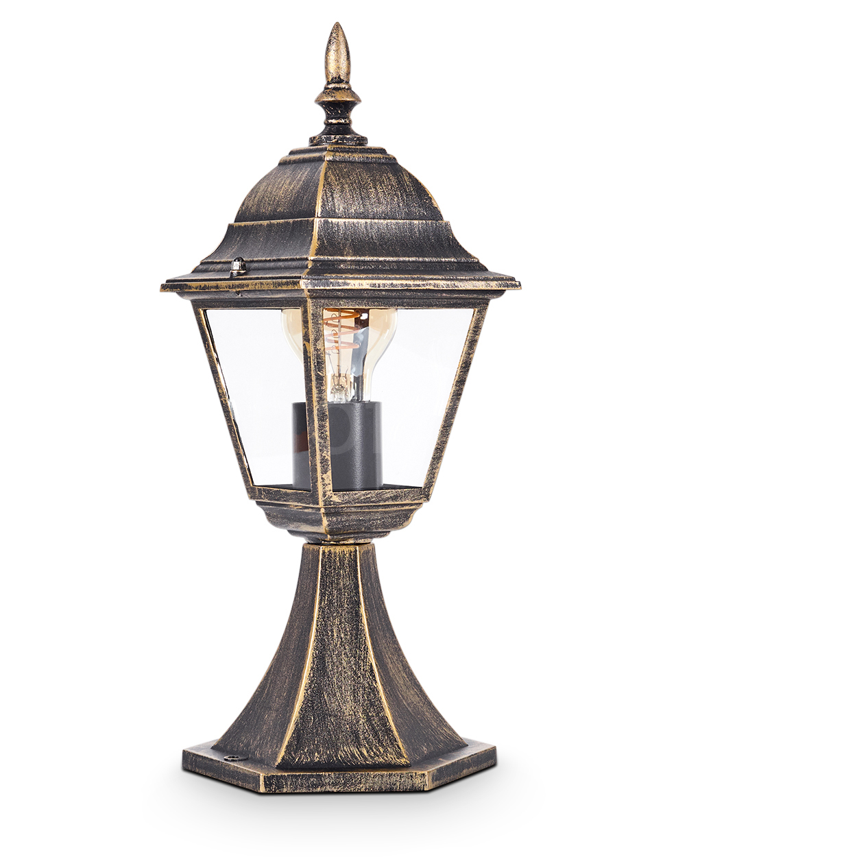 Eine bronzefarbene Außenlampe mit Glasscheibe auf weißem Hintergrund.