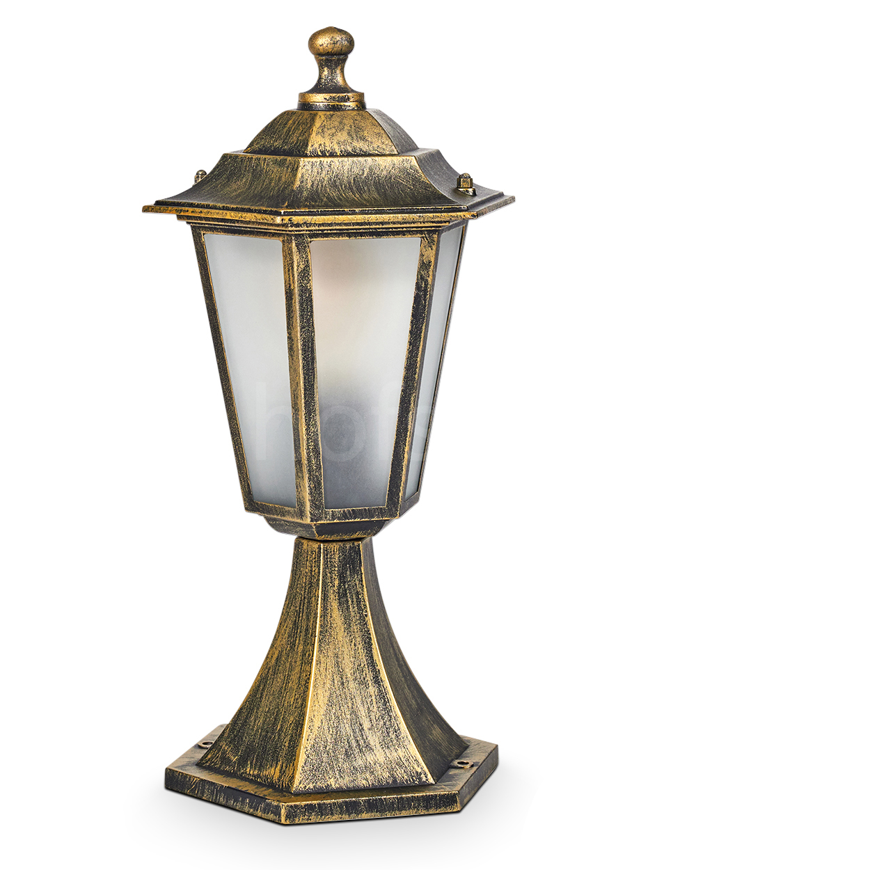 Eine bronzefarbene Außenlampe mit Glasscheibe auf weißem Hintergrund.