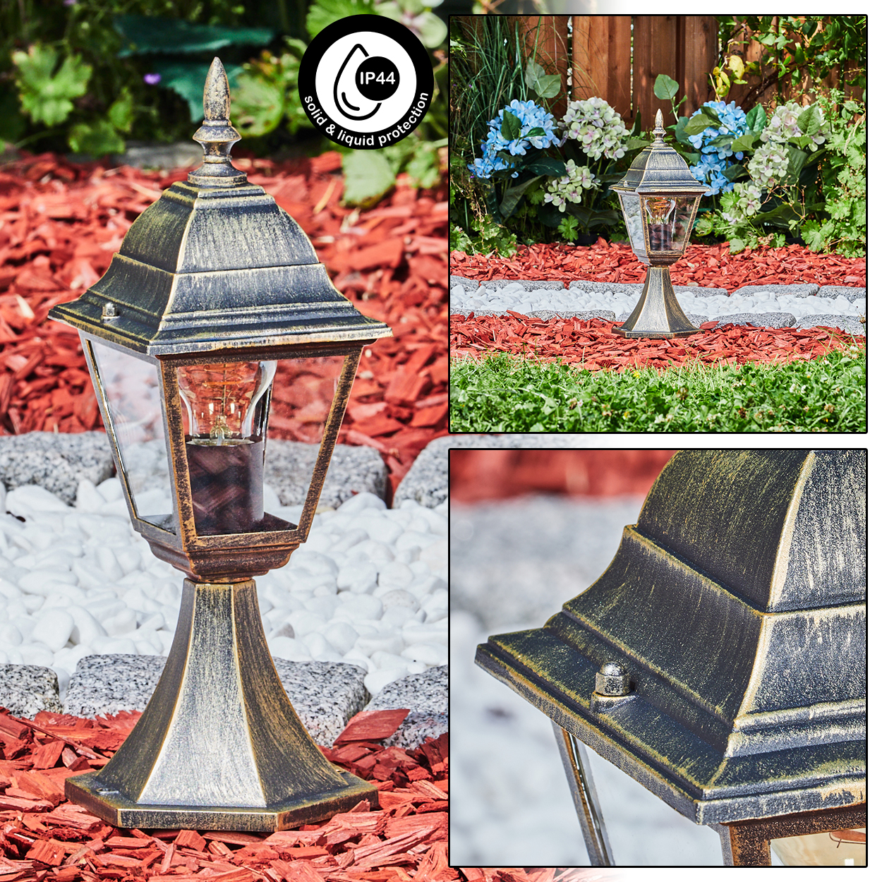 Außenlampe mit goldfarbenem Finish, platziert auf roter Mulch und weißen Steinen, mit Nahaufnahme und Details.
