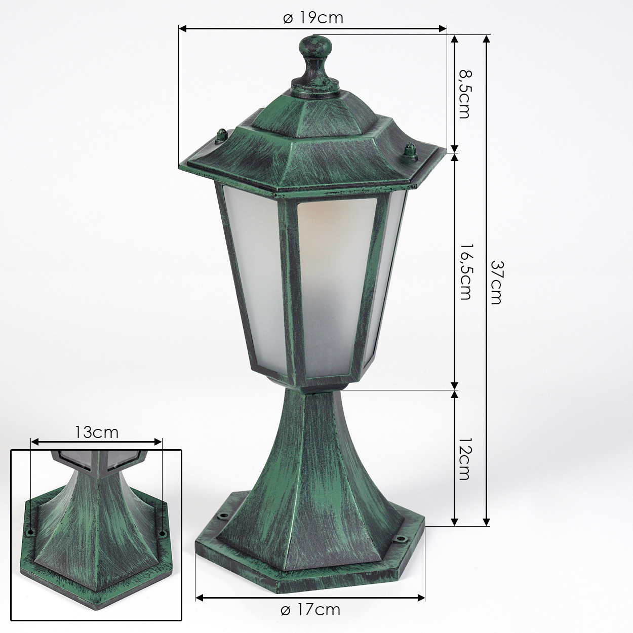 Außenlampe mit Abmessungen. Grüne Lampe mit Milchglas, Maße in cm und ein kleiner Einsatz.