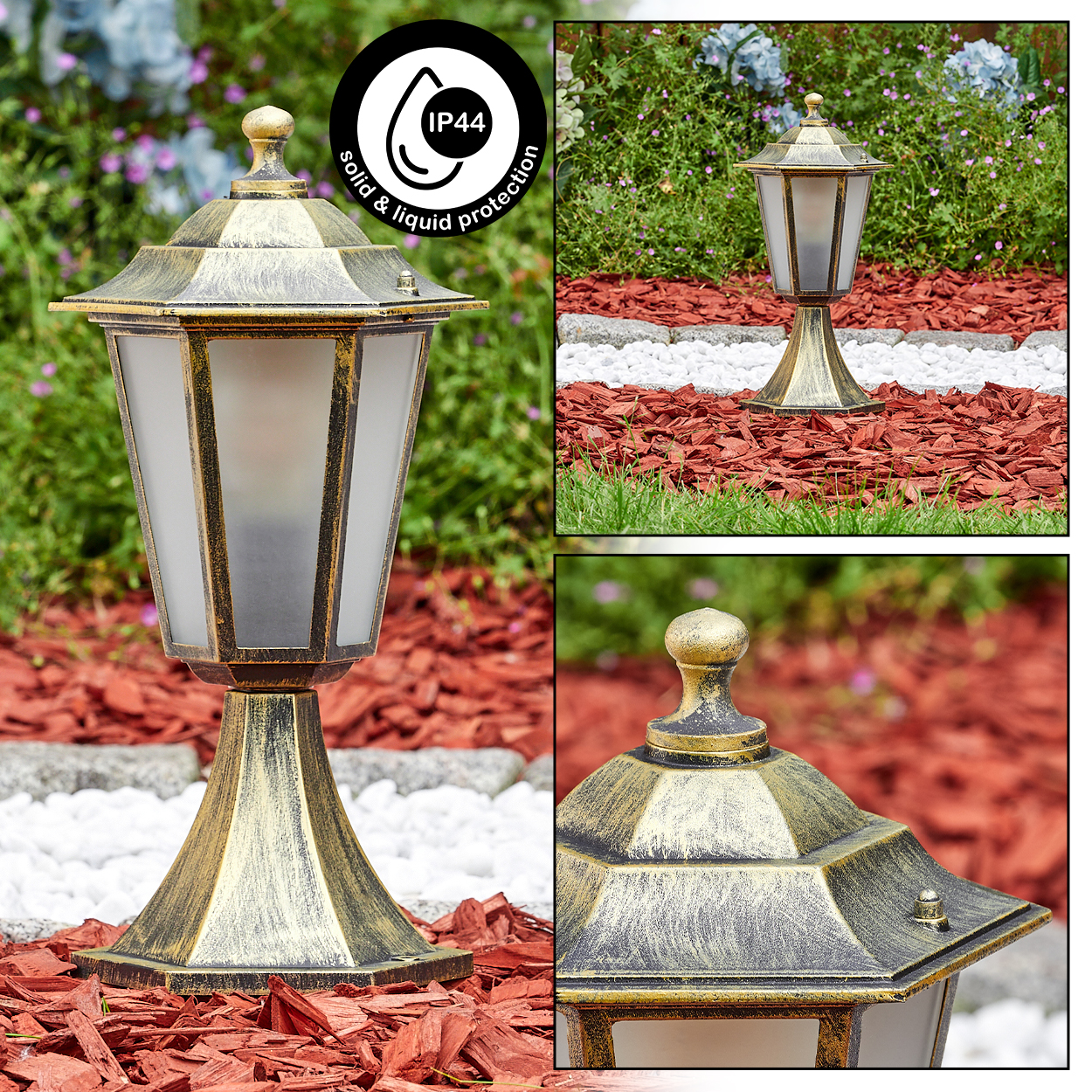 Eine goldene Laterne mit einer einzelnen Glühbirne. Sie hat ein detailliertes Design und steht draußen in der Nähe von Blumen.