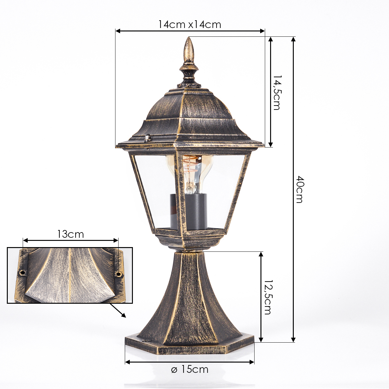 Außenlampe mit goldfarbenem Finish und Abmessungen. Lampe mit Abmessungen, Glas und kleinem Detail.