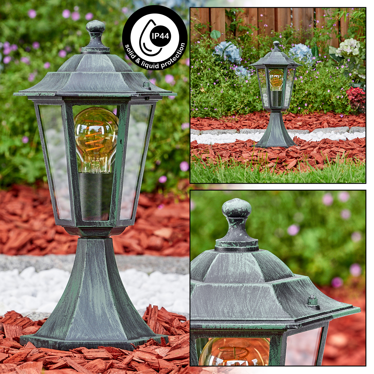 Gartenlampe mit Bronze-Finish. Glaseinfassung mit Glühbirne, vor Grünem.