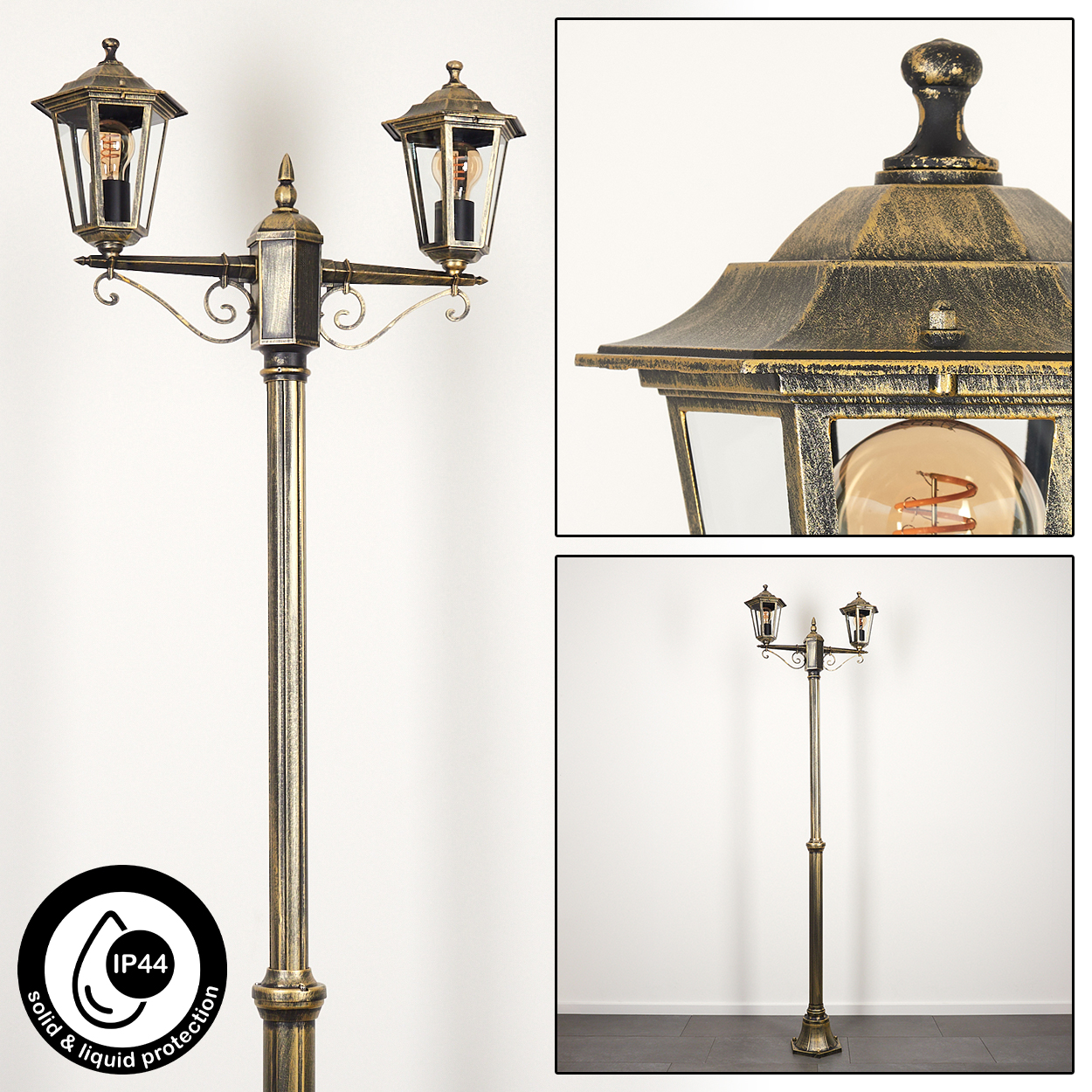 Goldener Laternenpfahl. IP44 Schutz. Nahaufnahme der Lampe.