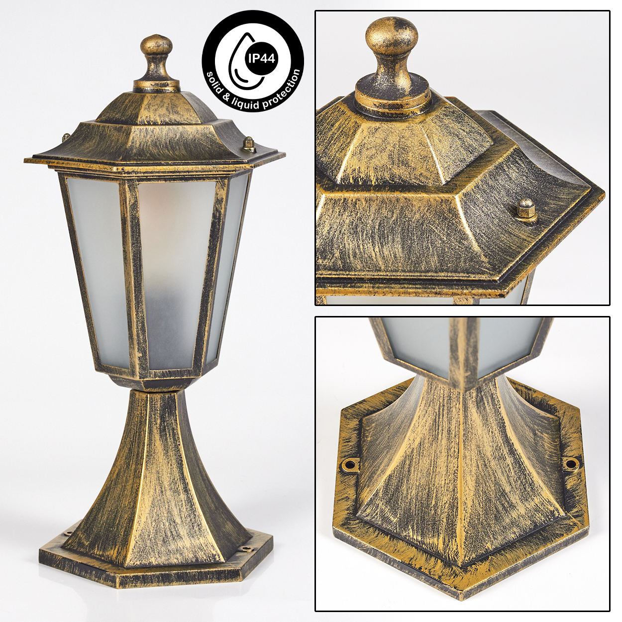 Goldene Lampe mit Milchglas. Nahaufnahme. IP44 Schutz.