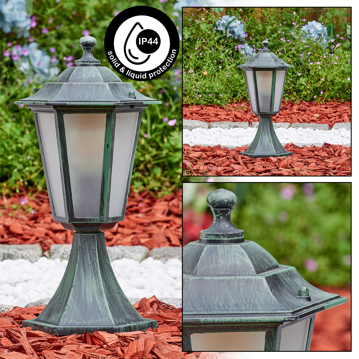 Außenlampe in einer Gartenszene mit Textbeschriftungen, IP44-Schutz.