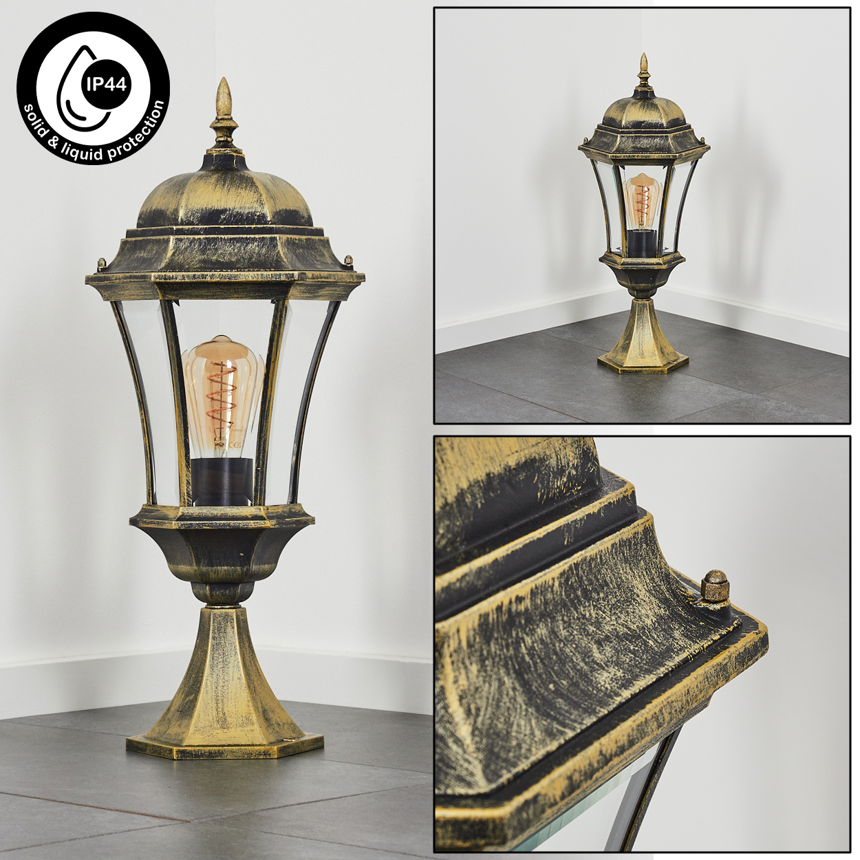 Eine goldfarbene Außenlampe, mit Details und IP44-Schutz. Nahaufnahmen werden ebenfalls gezeigt.