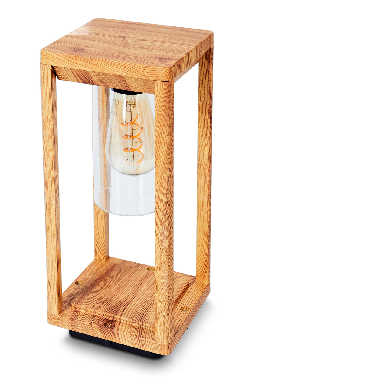 Holzlampe mit einer Glühbirne in einem Glasrohr. Der Holzrahmen hat eine quadratische Form.