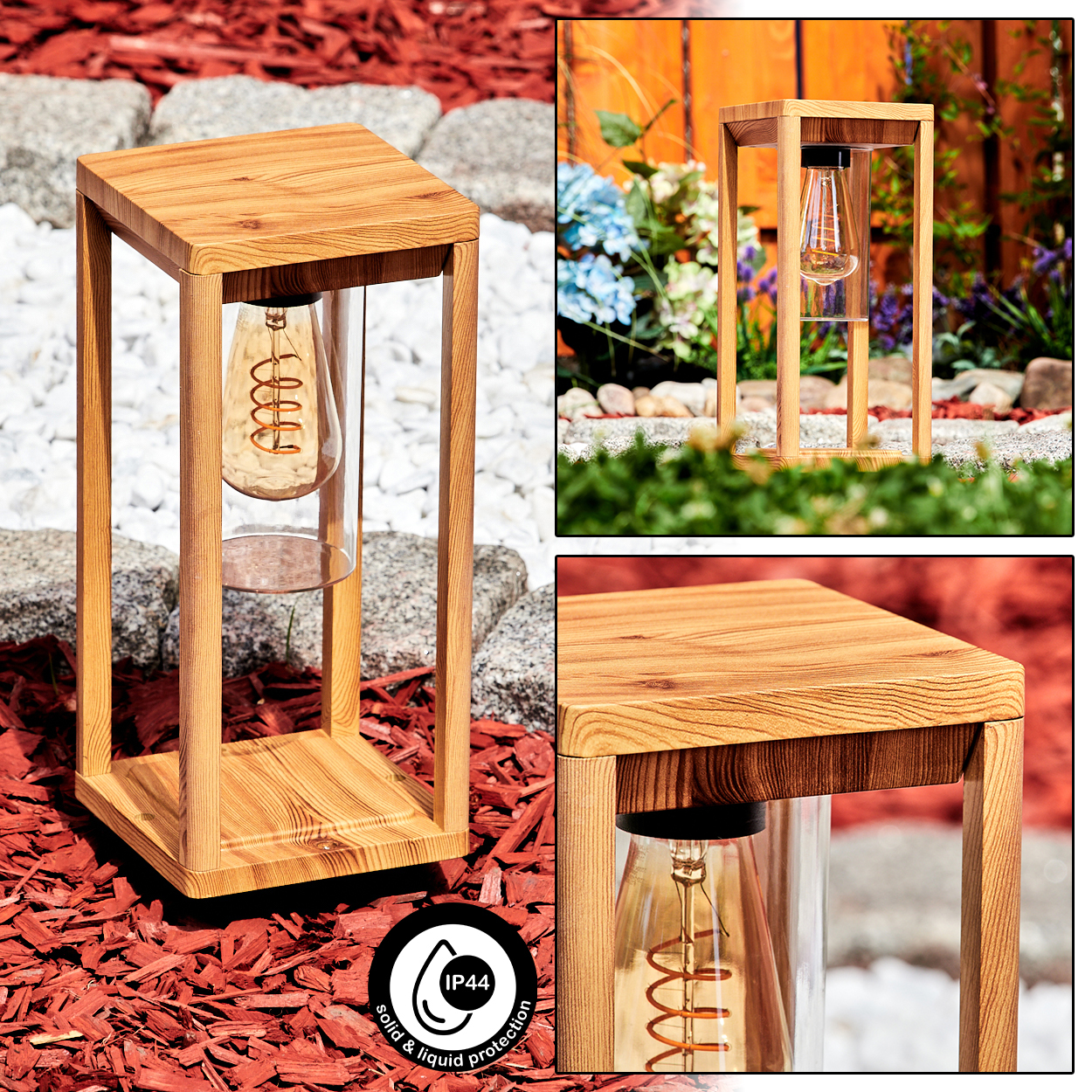 Drei Bilder einer Holzlampe mit Glühbirne in einem Glasrohr. Die Lampe befindet sich in einem Garten.