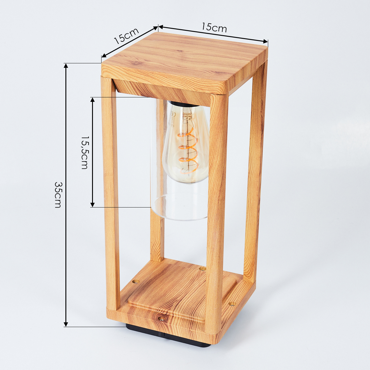 Holzlampe mit Maßen. Die Lampe hat eine rechteckige Form.