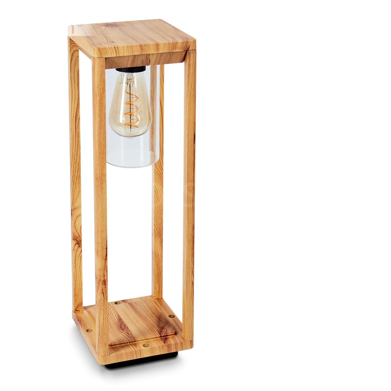 Holzlampe mit Glühbirne in einem Glasrohr. Die Lampe hat eine rechteckige Form und steht auf weißem Grund.