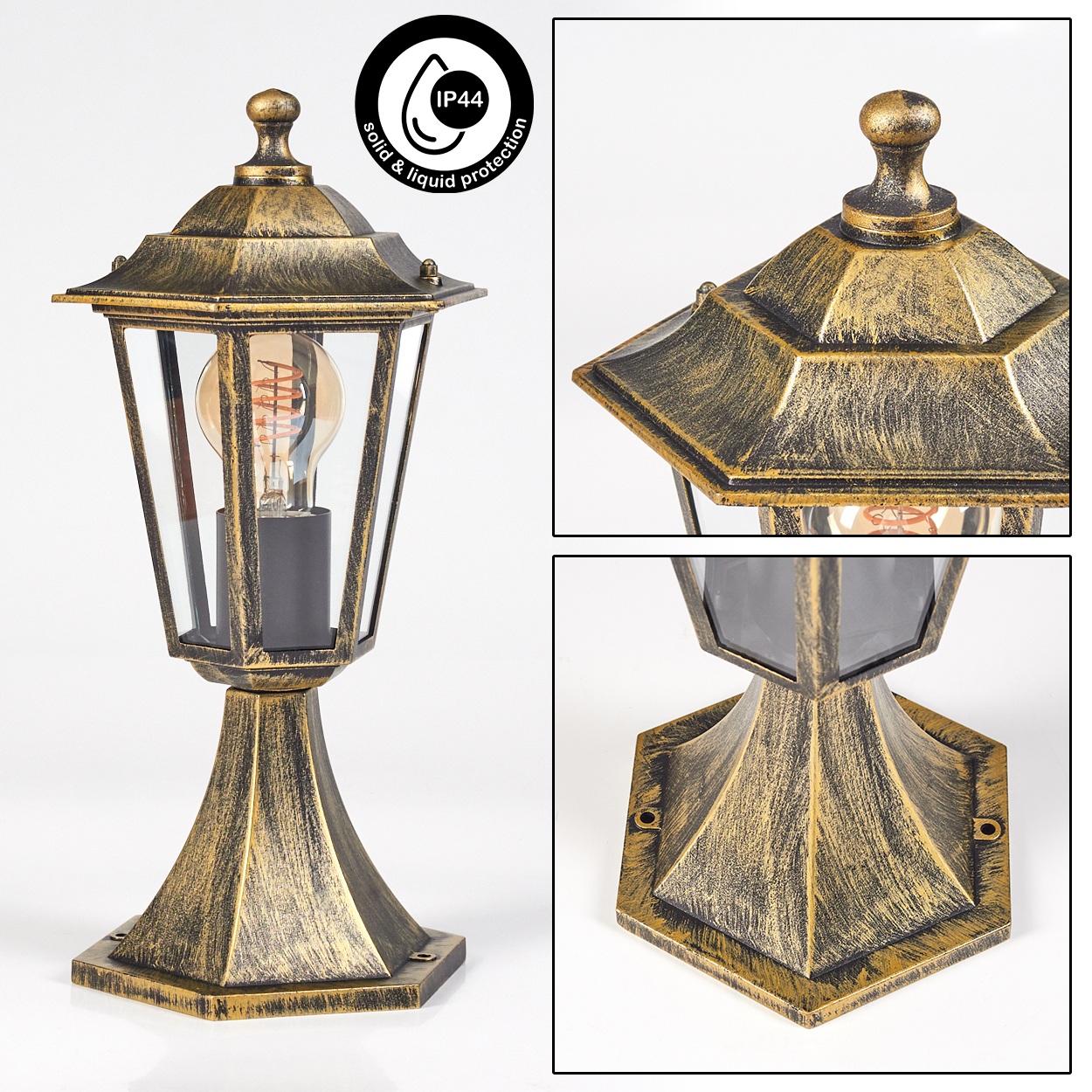Außenlampe mit aufwendigem Design, goldener Farbe und Glühbirne. Detaillierte Basis und Oberseite.