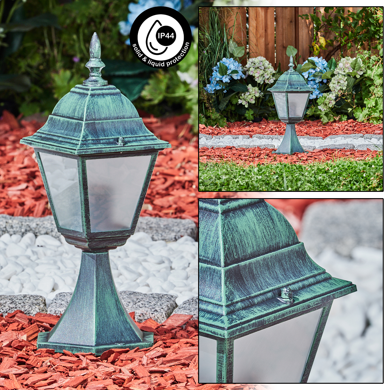 Ein zusammengesetztes Bild, das eine grüne Lampe, ein IP44-Logo und eine Nahaufnahme zeigt. Die Lampe befindet sich in einem Garten mit Blumen.