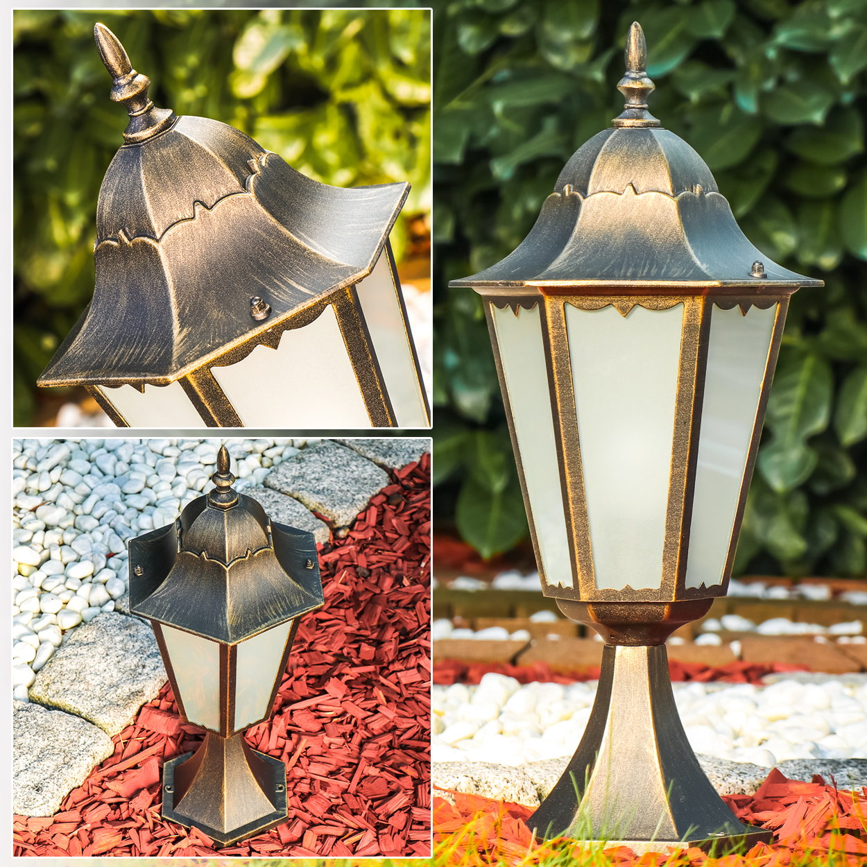 Ein zusammengesetztes Bild einer dekorativen Lampe mit drei Ansichten: oben, Seite und montiert. Im Garten aufgestellt.
