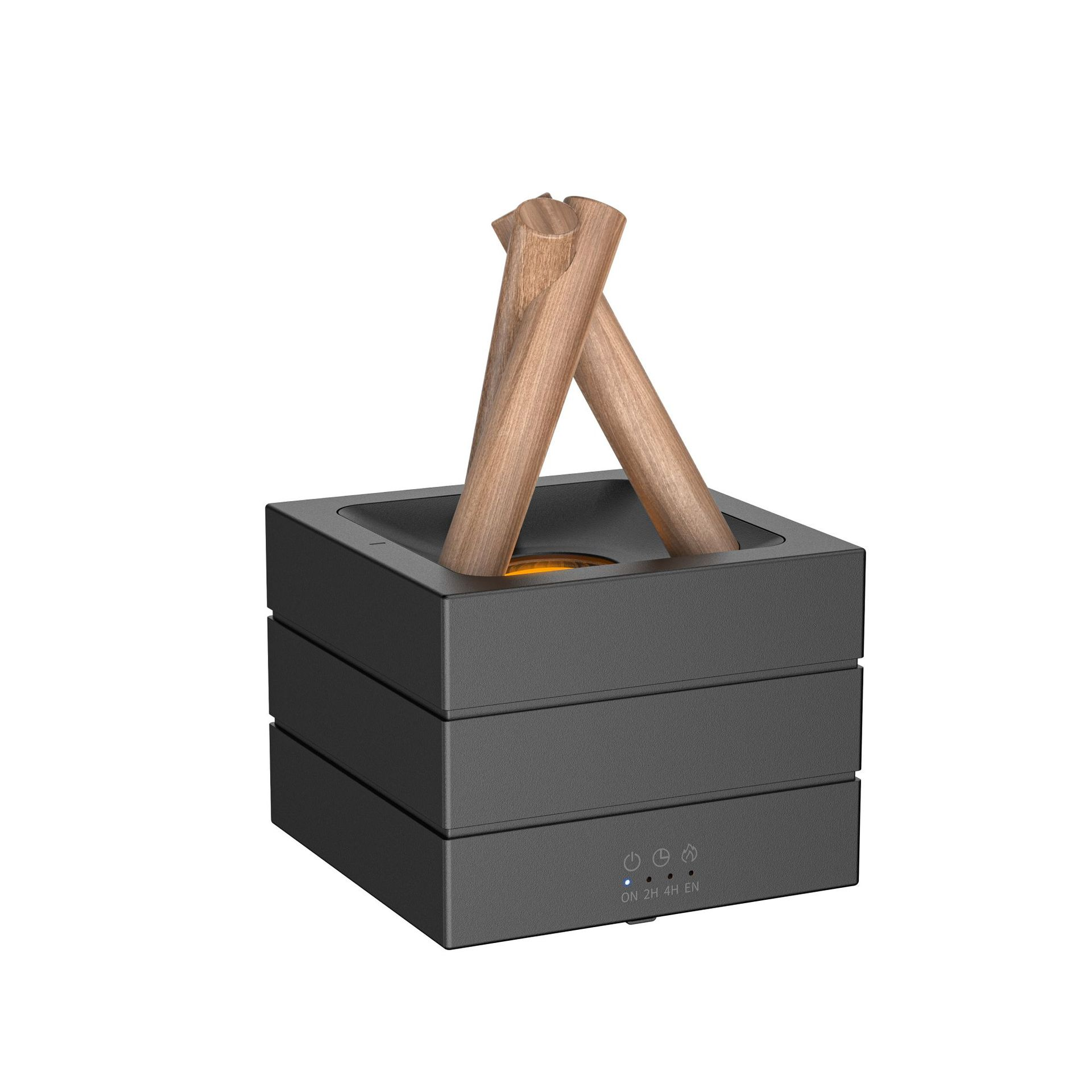Ein schwarzer Aroma-Diffusor mit Holzstäben und einem kleinen Licht. Dreistufiges Design.