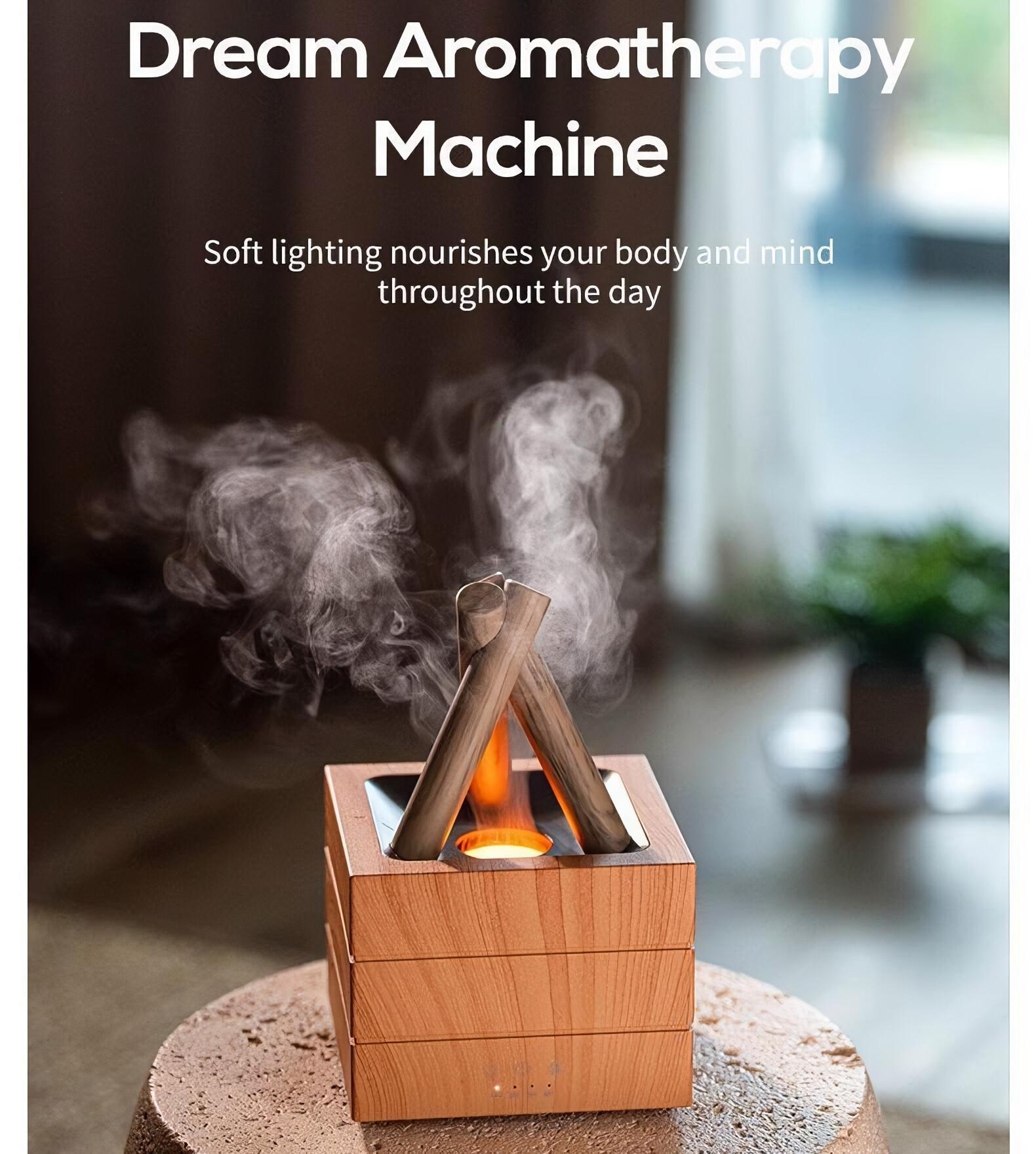 Eine hölzerne Aromatherapie-Maschine mit Holzstäben und einer kleinen Flamme. Weißer Rauch steigt auf.