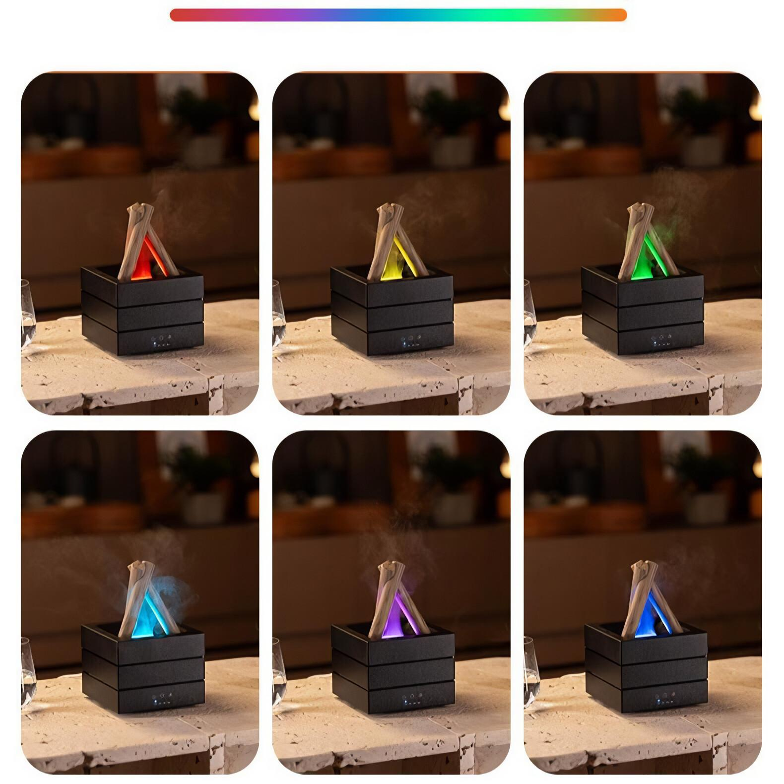 Sechs Bilder eines Diffusors mit unterschiedlich farbigen Lichtern. Der Diffusor ist schwarz und wie ein Lagerfeuer geformt. Jedes Bild zeigt eine andere Farbe.