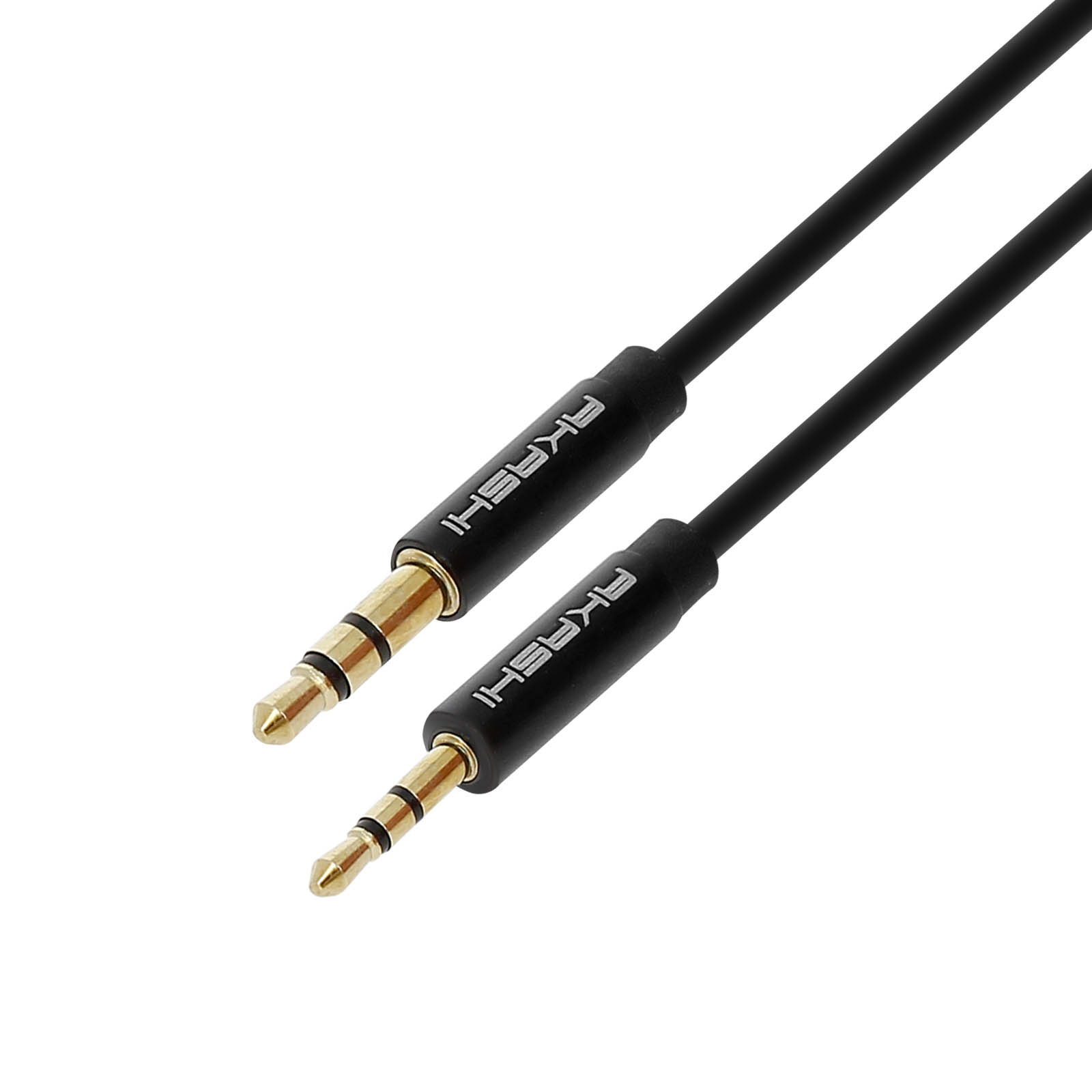Zwei schwarze Audiobuchsen mit dem Markennamen AKASHI darauf.