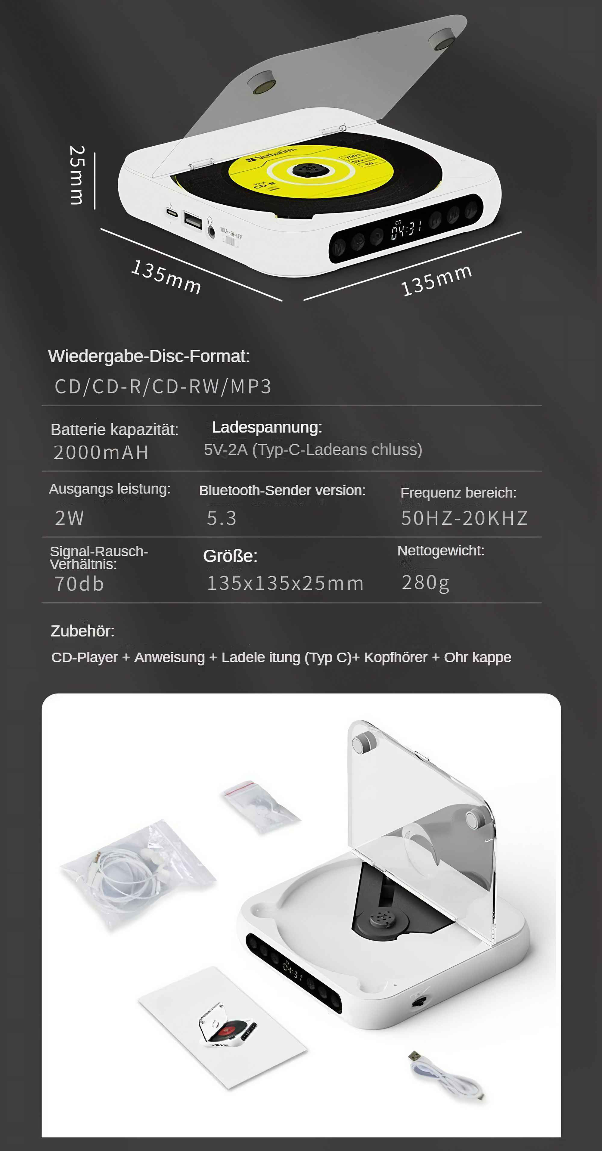 Weißer tragbarer CD-Player mit gelber CD, Abmessungen und Spezifikationen sind detailliert.