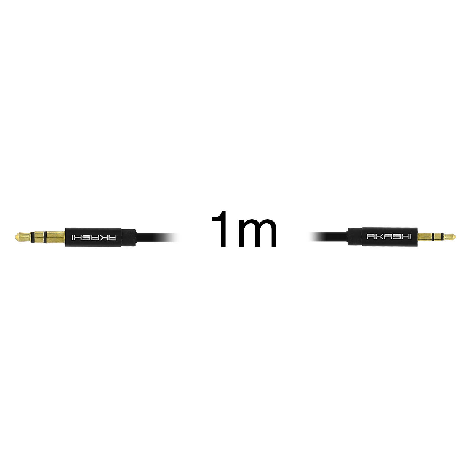 Ein schwarzes Audiokabel mit goldfarbenen Steckern. Der Text '1m' steht zwischen den Steckern und zeigt die Länge an.