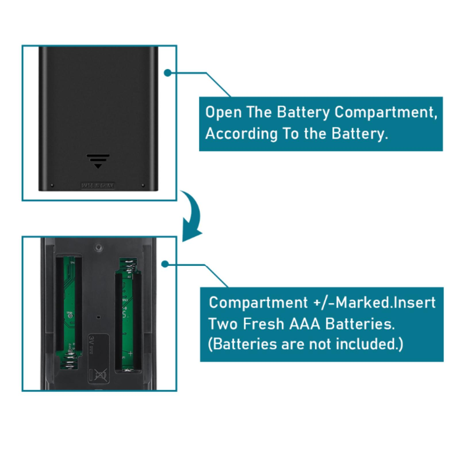 Bild zeigt das Öffnen des Batteriefachs und Anweisungen zum Einlegen von AAA-Batterien.