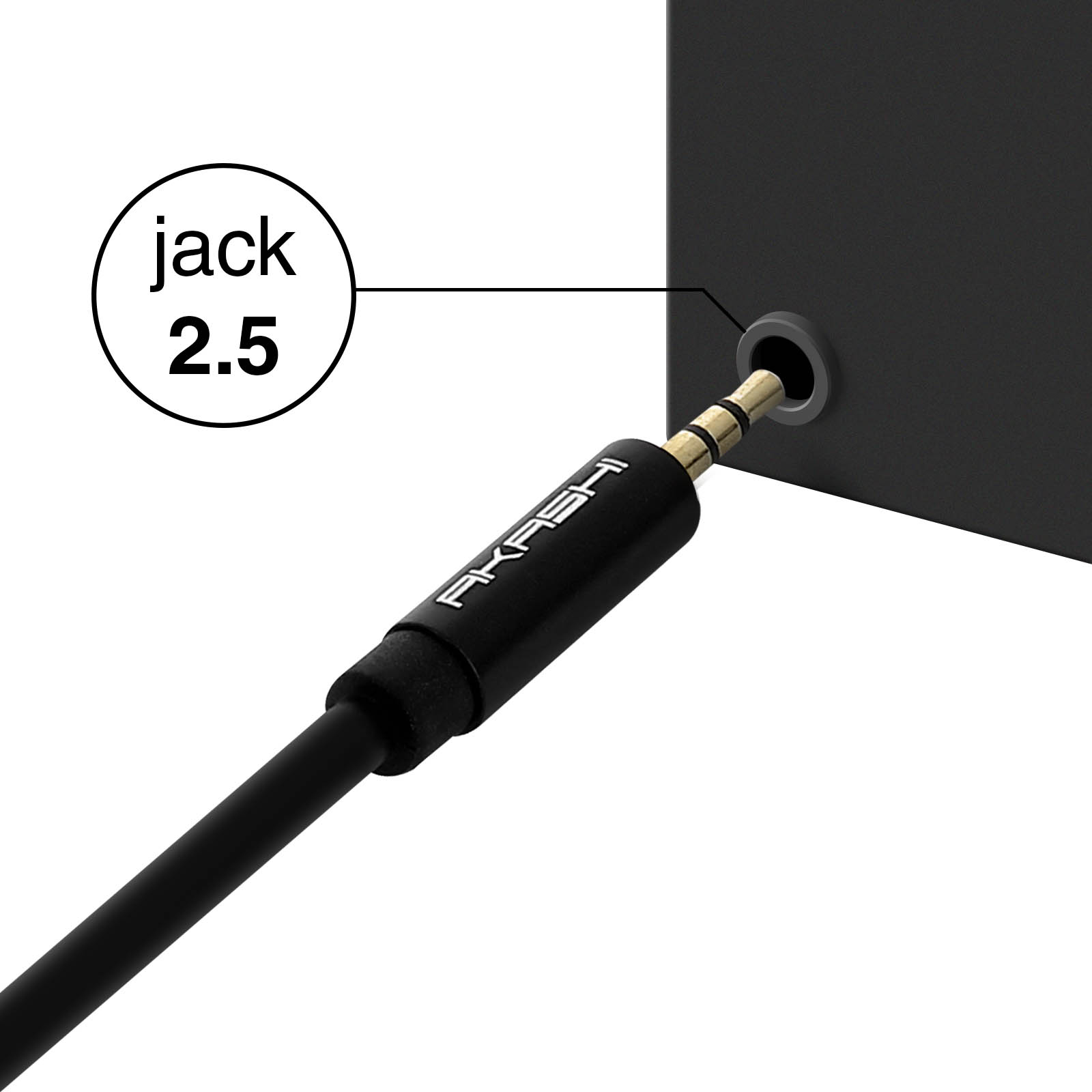 Ein schwarzes Audiokabel, das in ein schwarzes Gerät gesteckt wird. Das Kabel hat das Wort AKASHI.