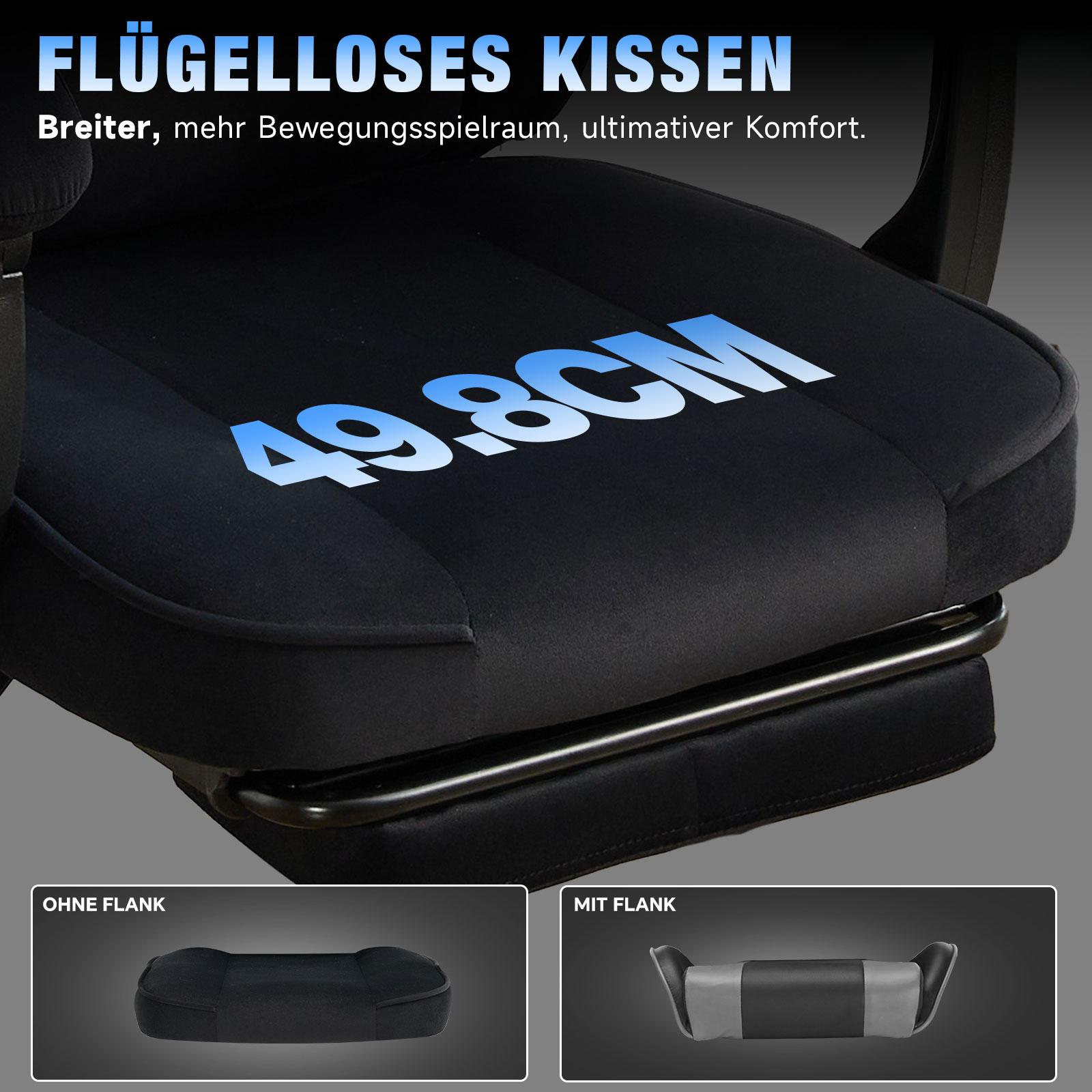 Nahaufnahme eines schwarzen ergonomischen Stuhls mit der Aufschrift '49,8cm'. Er hat eine schwarze Basis und Polsterung.