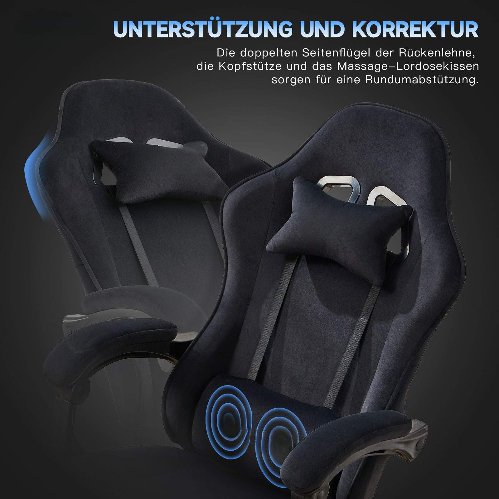 Zwei schwarze Gaming-Stühle, die Stütz- und Korrekturfunktionen zeigen.