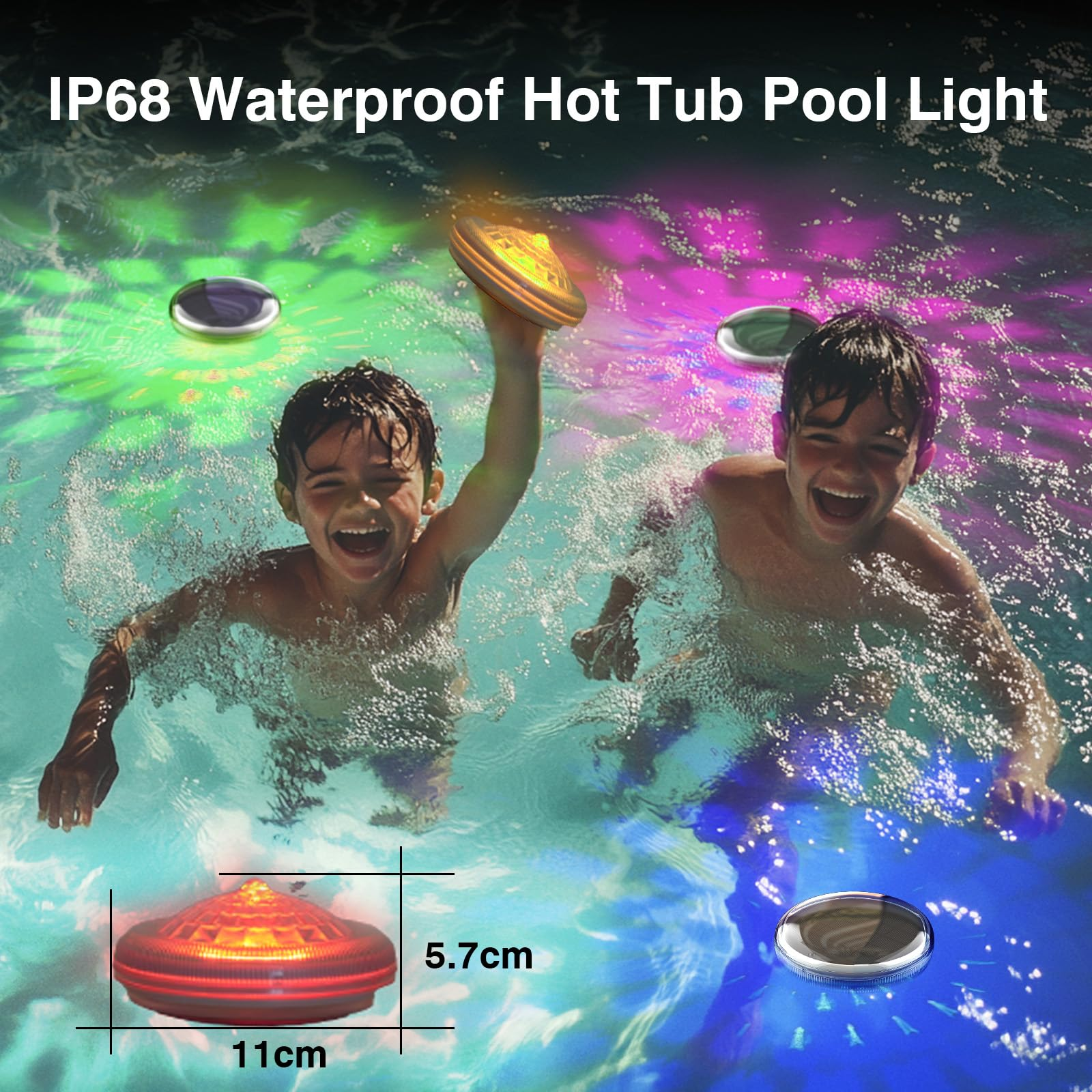 Kinder in einem Pool mit bunten Lichtern, Produkt mit Abmessungen an der Seite.