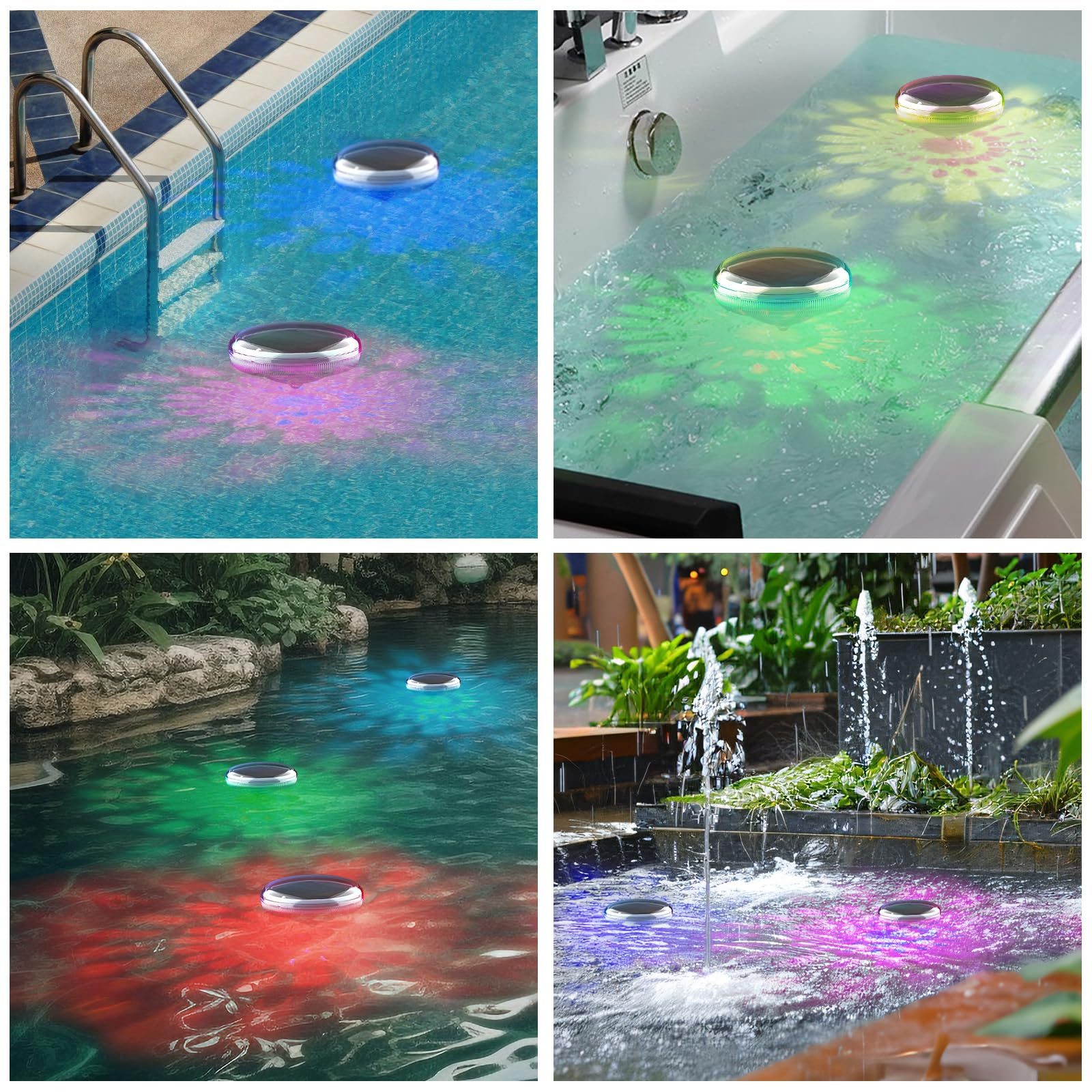 Mehrere Ansichten von Poolbeleuchtung in verschiedenen Umgebungen, einschließlich Pools und Brunnen.
