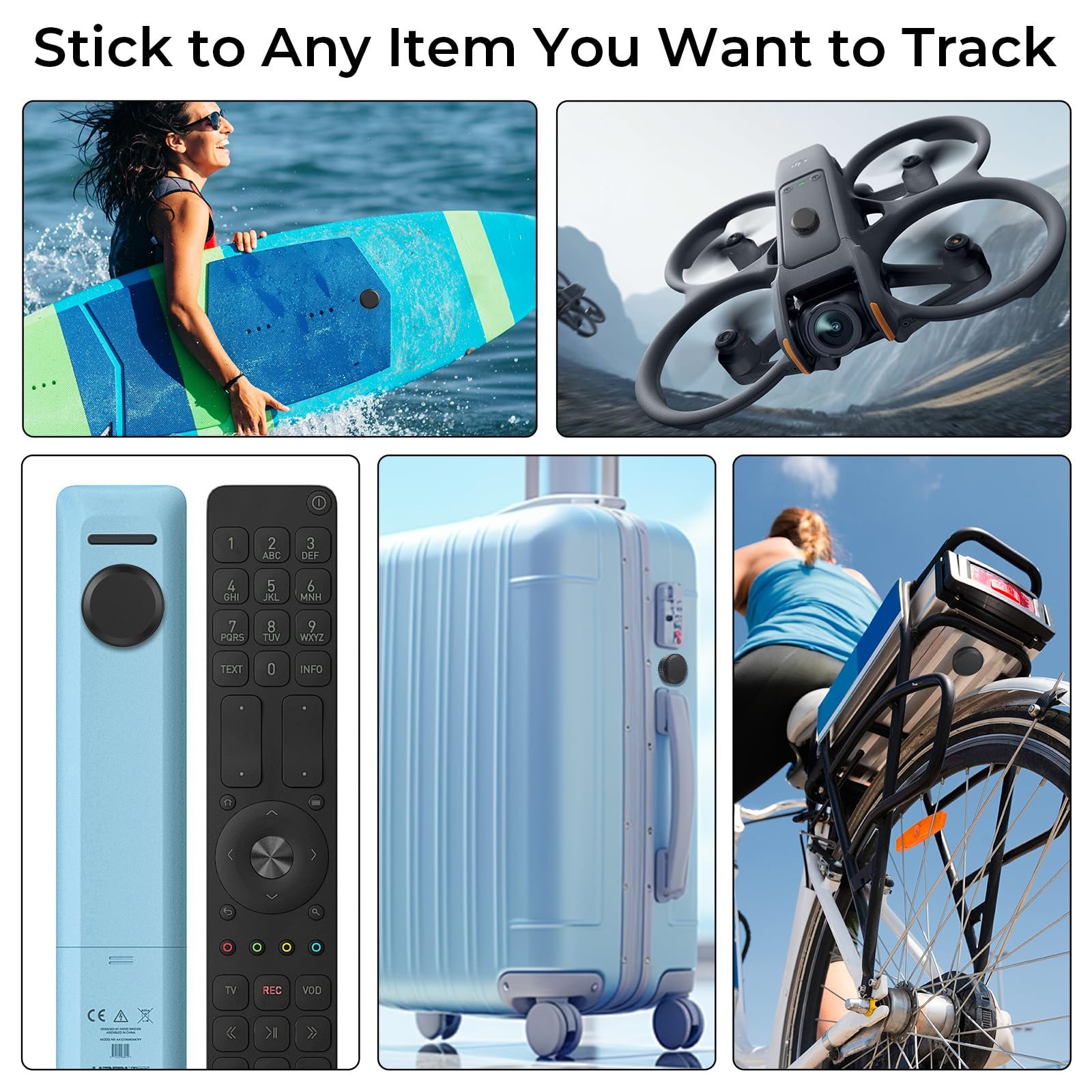 Eine Collage von Gegenständen, die verfolgt werden können: ein Surfbrett, eine Drohne, eine Fernbedienung, ein Koffer und ein Fahrradfahrer.