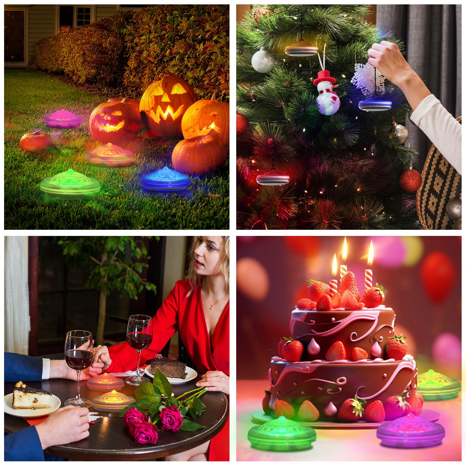 Verschiedene Szenen mit schwimmenden Poollichtern: Halloween-Kürbisse, Weihnachtsbaum und romantisches Abendessen.