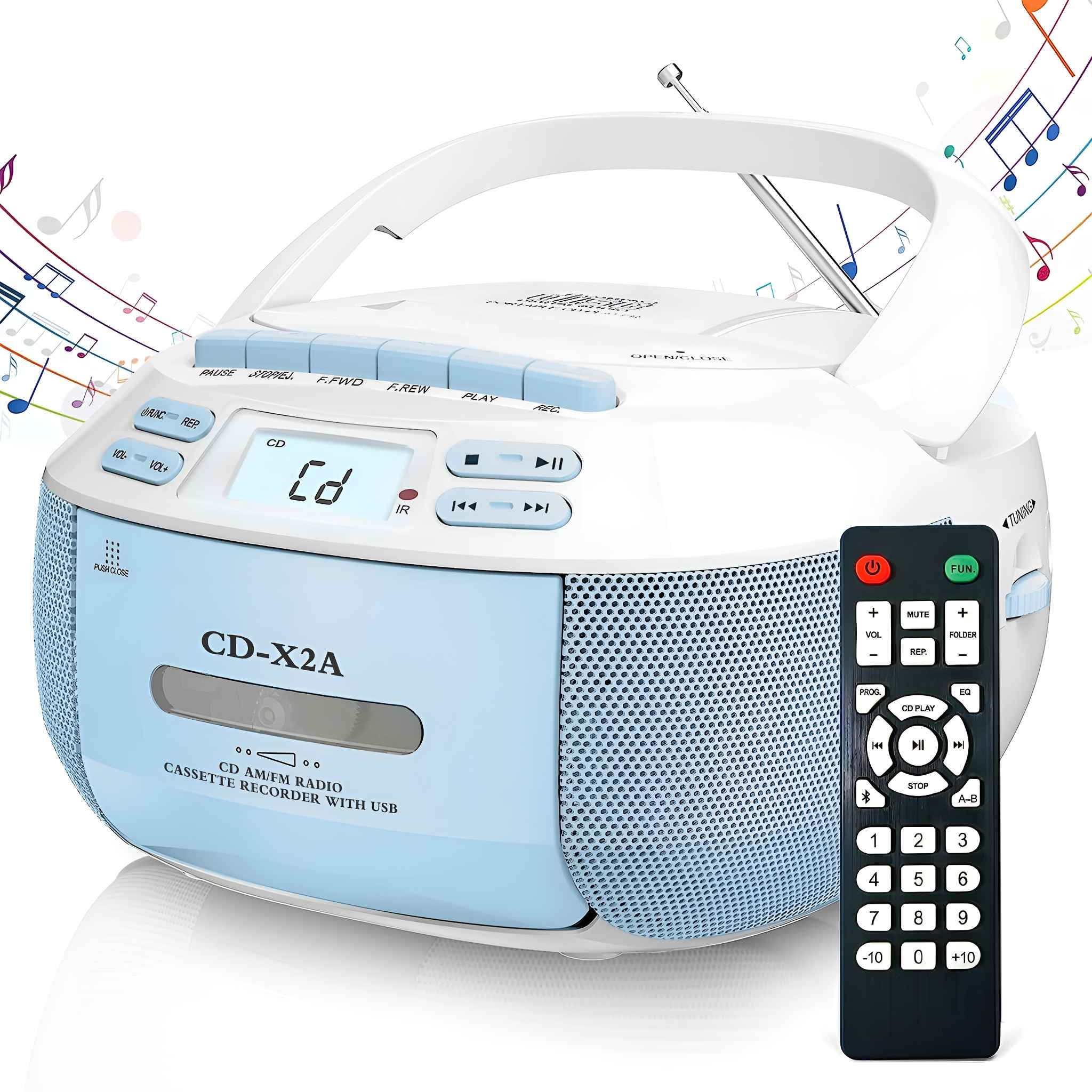 Tragbarer CD-Player mit Fernbedienung, CD und blauen Akzenten. Er hat ein Display und Tasten zur Musiksteuerung.