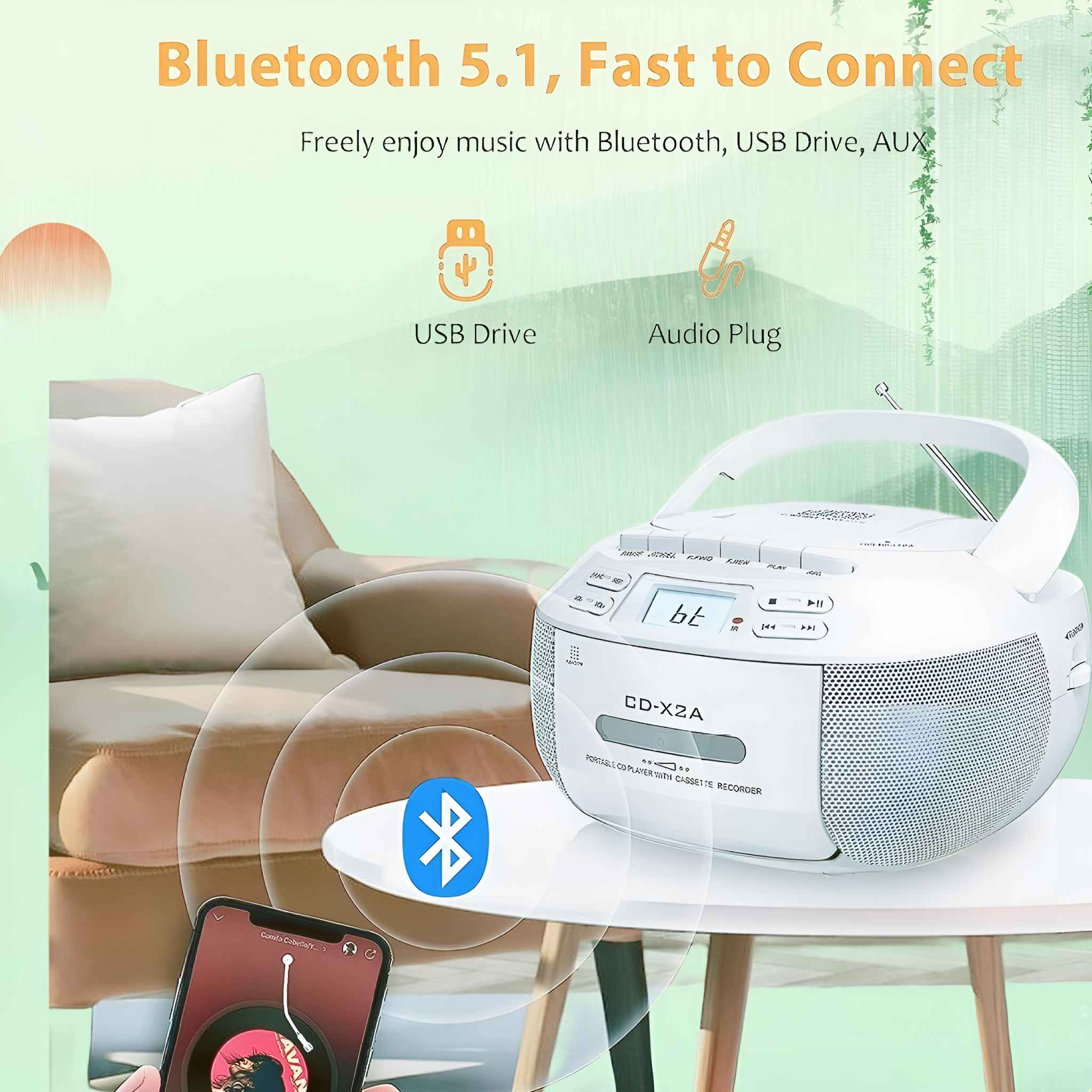Weißer tragbarer CD-Player mit Griff, ein Telefon, das Musik zeigt, und das Bluetooth-Symbol. Text sagt Bluetooth 5.1.