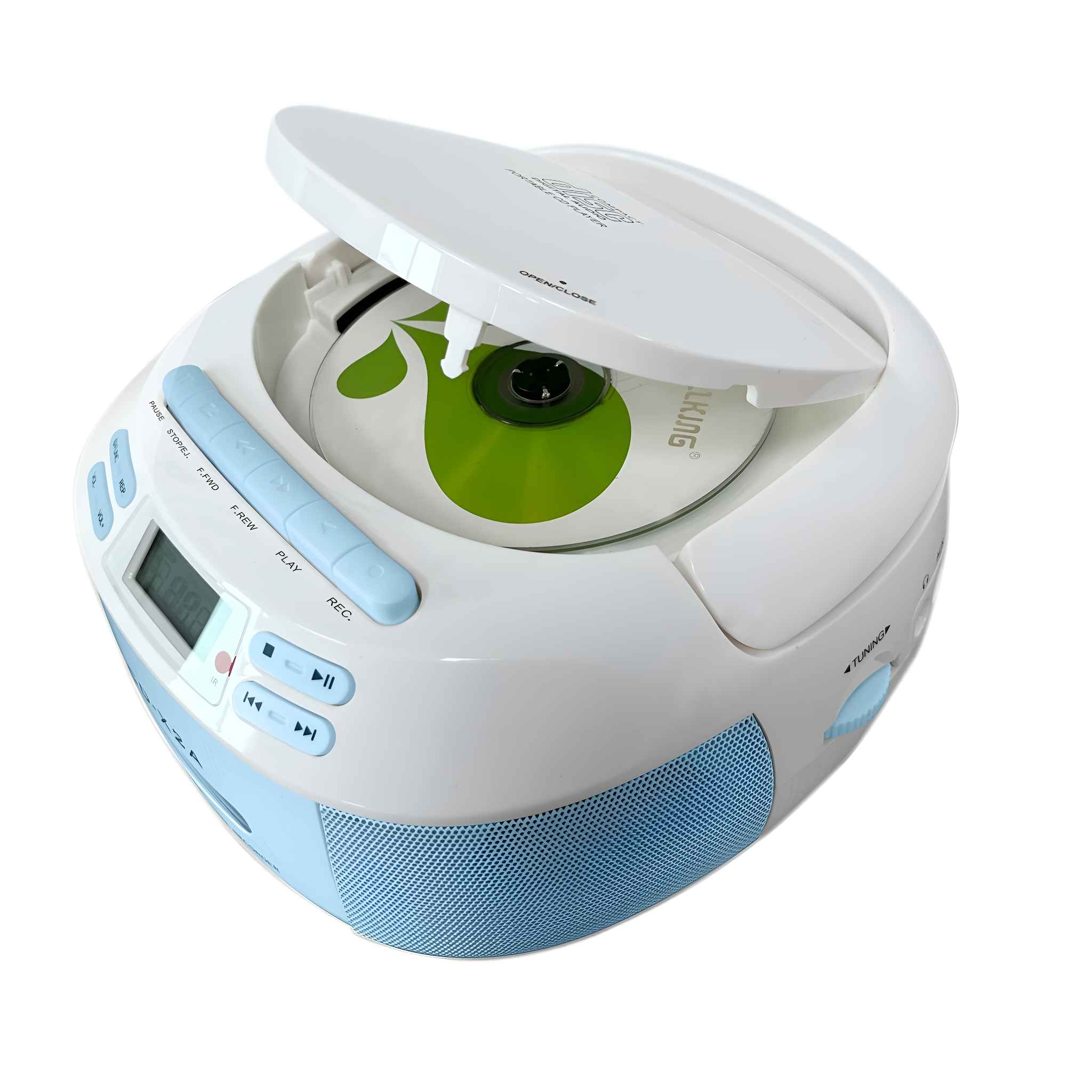 Weiß-blauer tragbarer CD-Player mit offenem Deckel und CD. Tasten für Wiedergabe, Rücklauf, Vorlauf und Tuning.