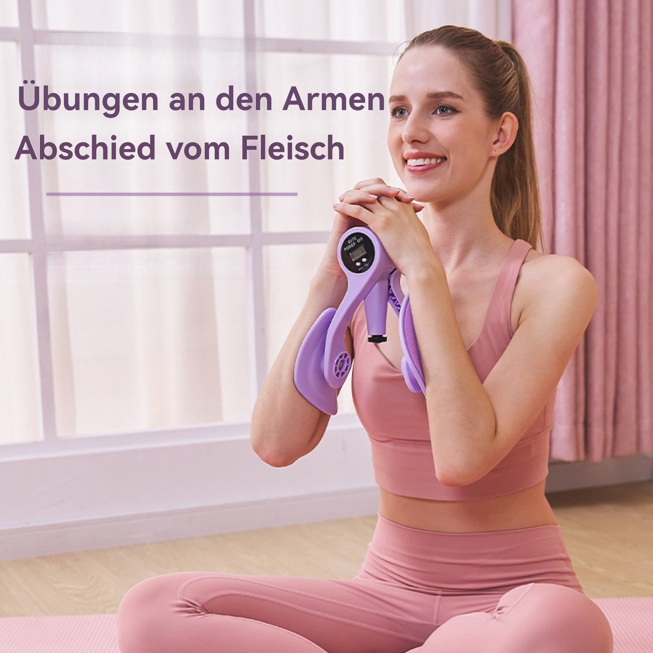 Frau benutzt ein lila Armtrainer. Der Text lautet: Übungen für die Arme, Abschied vom Fleisch.
