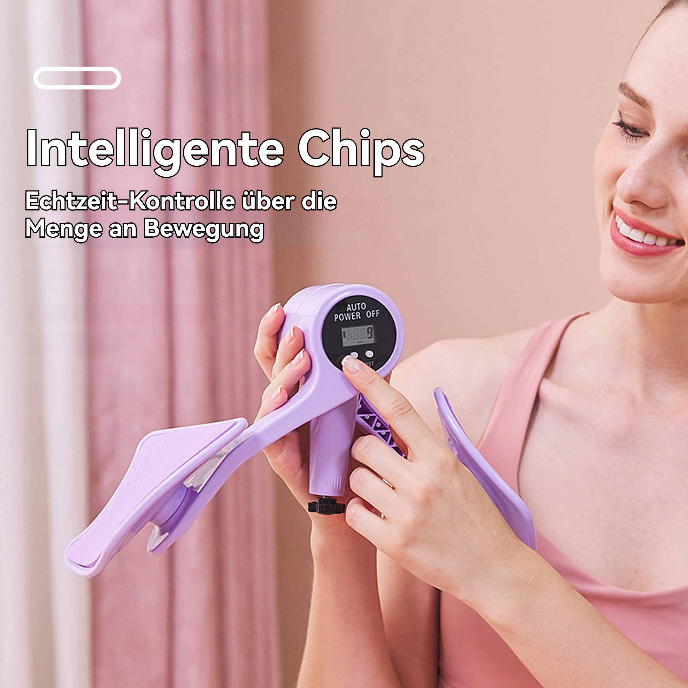 Frau benutzt lila Armtrainer. Display zeigt Zahlen. Text: Intelligente Chips, Echtzeitkontrolle.