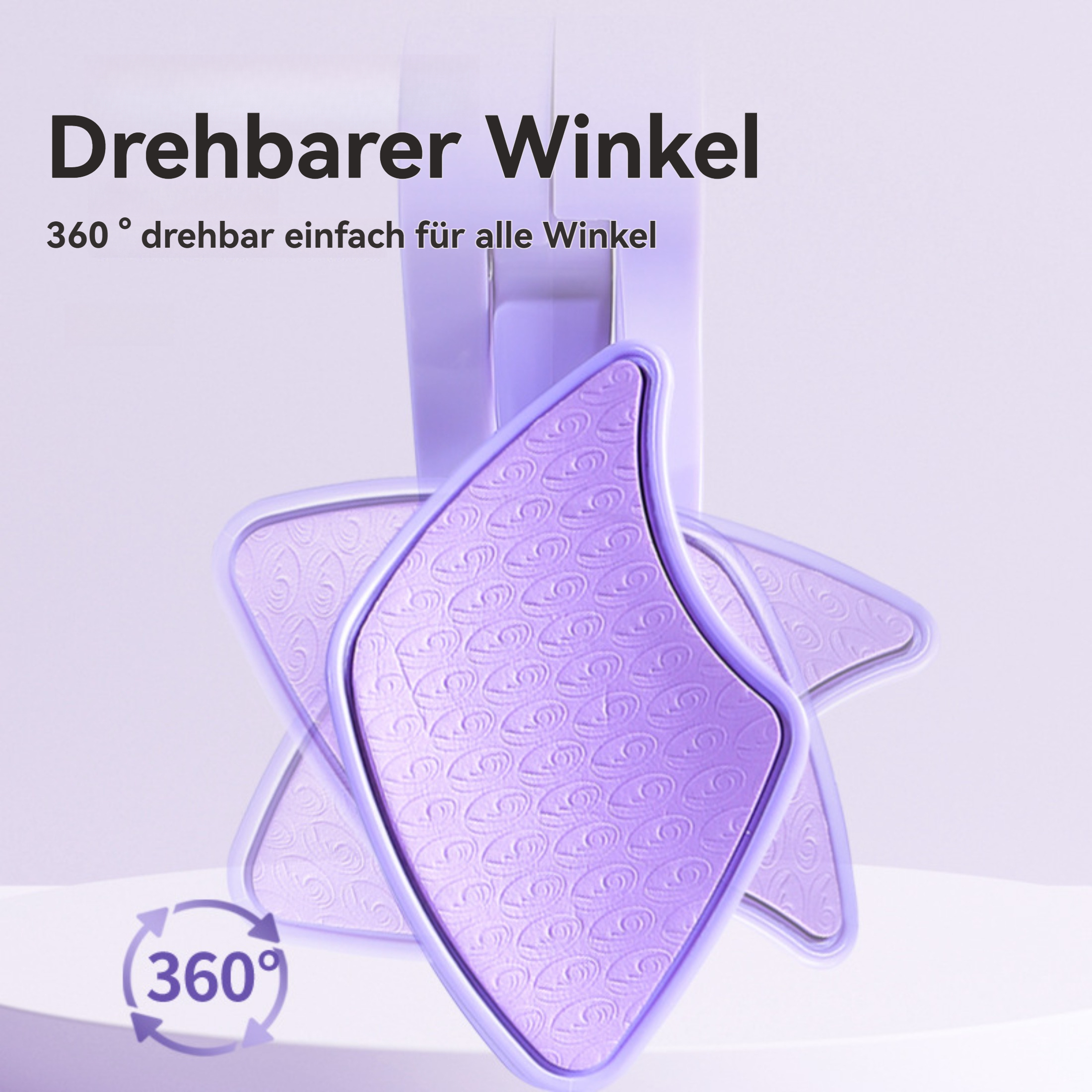 Lila Armtrainer mit rotierenden Teilen. Text: Drehbarer Winkel, 360° drehbar einfach für alle Winkel.