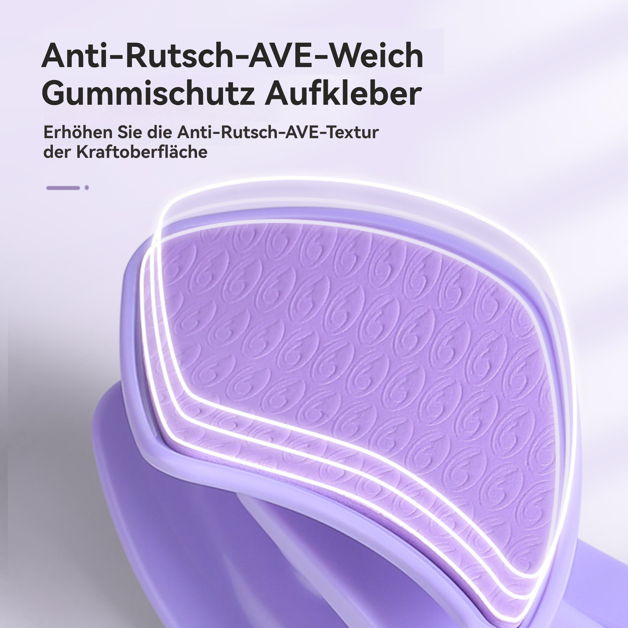 Lila Armtrainer. Text: Anti-Rutsch-AVE-Weich Gummischutz Aufkleber. Text hebt die Textur der Kraftoberfläche hervor.