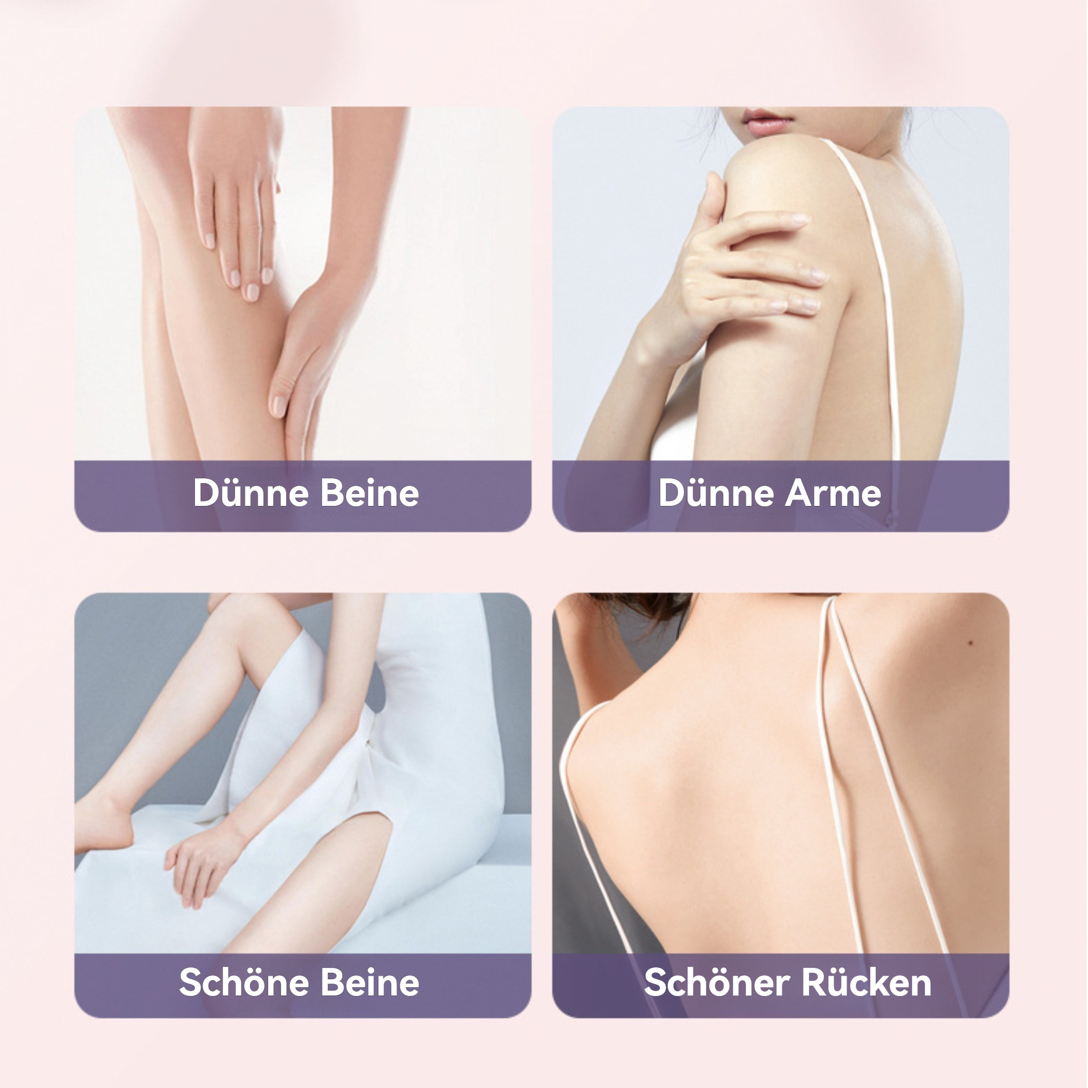 Vier Bilder mit Textfeldern. Beine, Arme und Rücken werden mit Beschreibungen gezeigt: dünne Beine, dünne Arme, schöne Beine, Rücken.