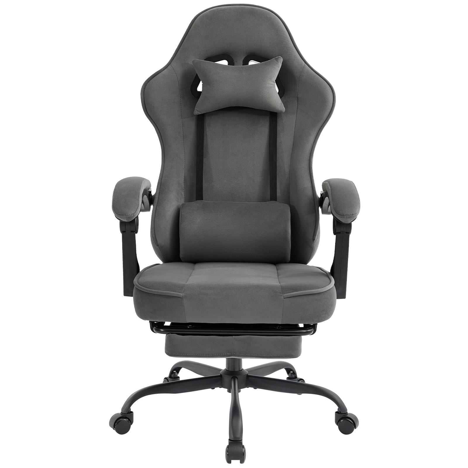 Ein grauer Gaming-Stuhl mit Kopfstütze, Rückenlehne und Fußstütze auf schwarzem Sockel.