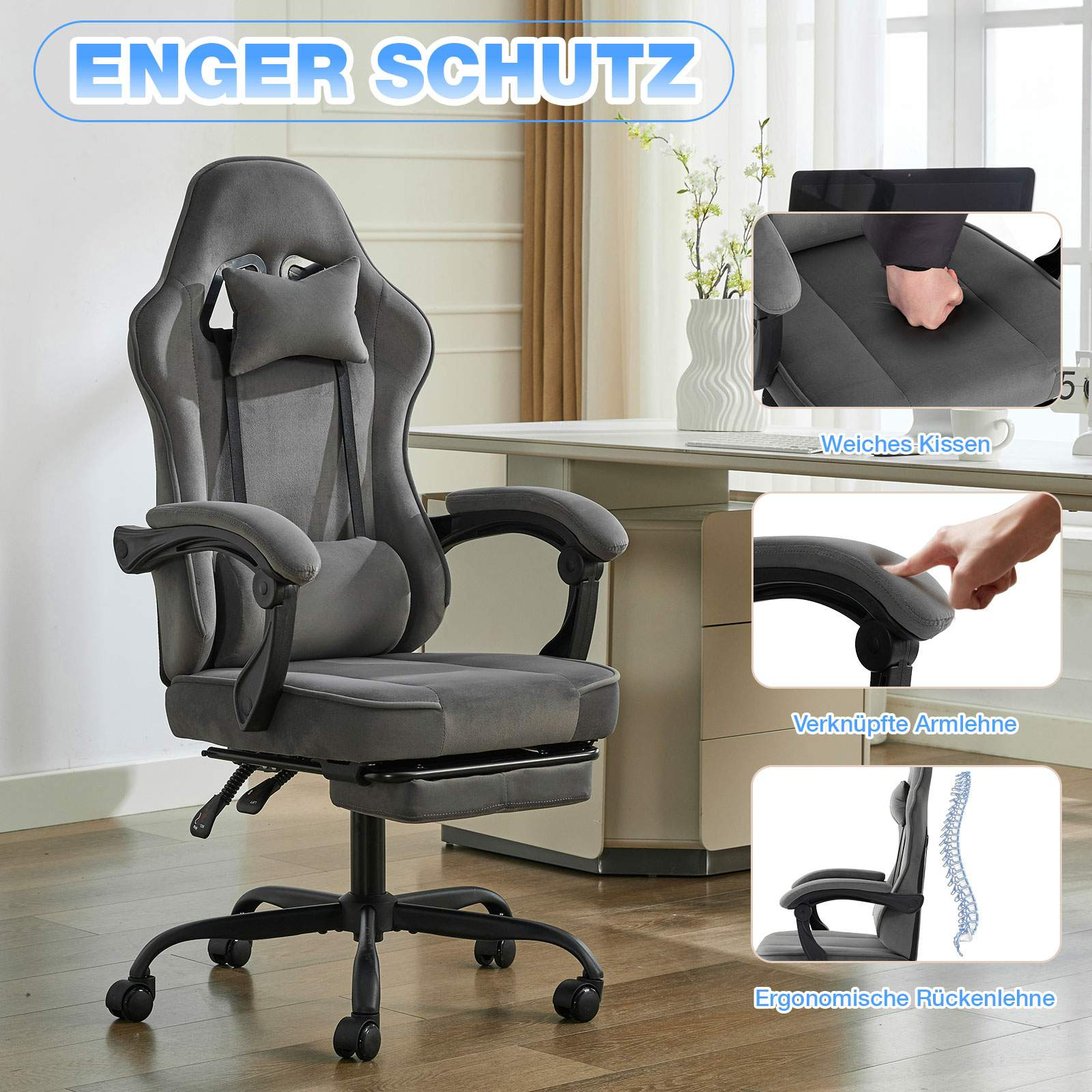 Ein grauer Gaming-Stuhl, der Merkmale zeigt: enger Schutz, verbundene Armlehne, ergonomische Rückenlehne.