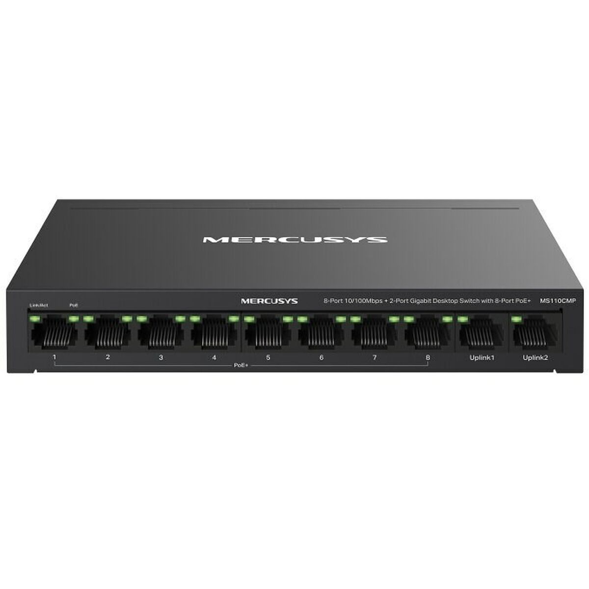 Uno switch di rete nero con 8 porte. Il marchio Mercusys è visibile.