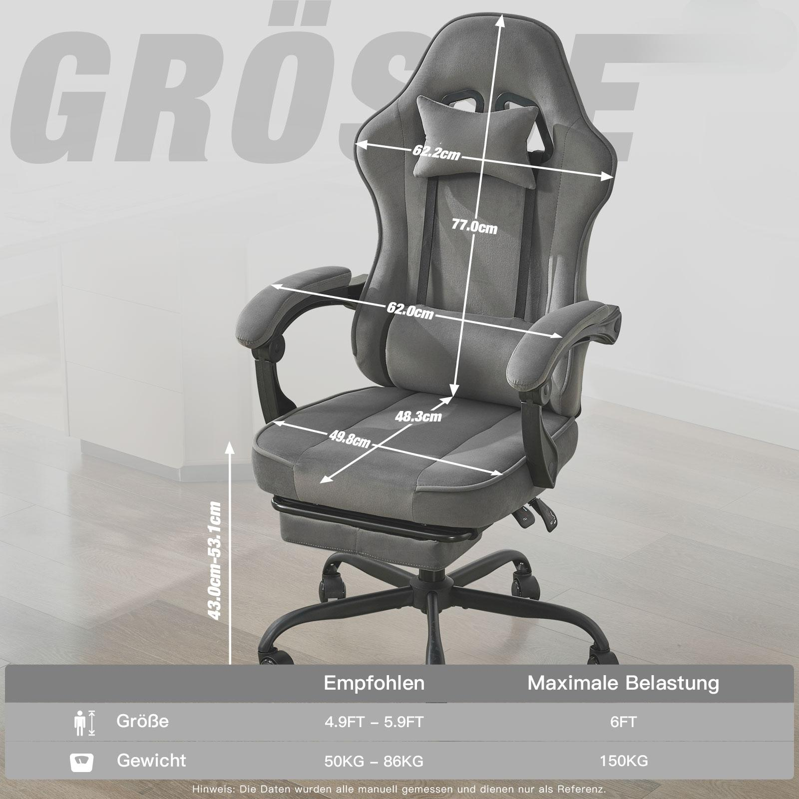 Ein grauer Gaming-Stuhl mit angegebenen Abmessungen und Tragfähigkeit.
