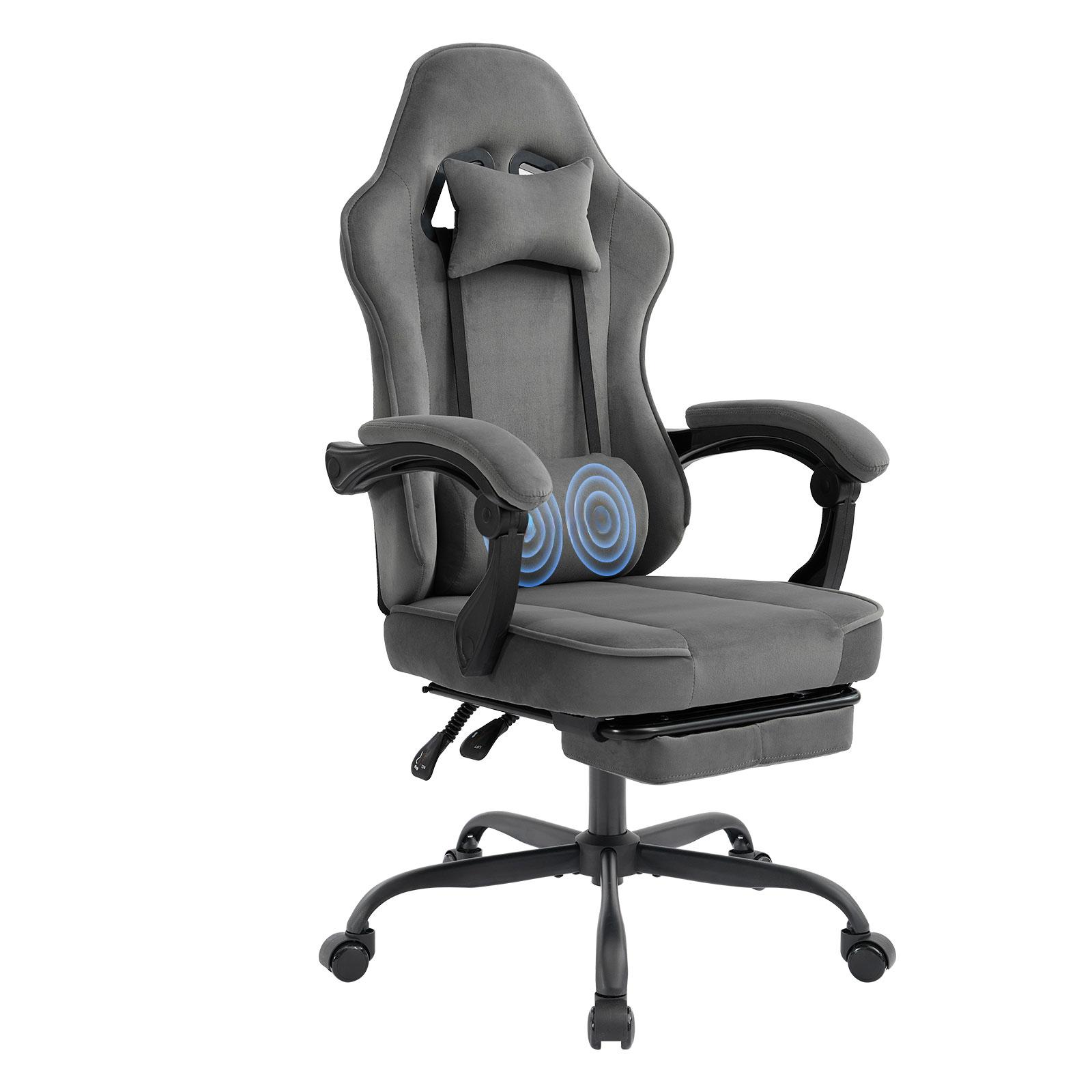 Grauer Gaming-Stuhl mit Kopfstütze, Lendenwirbelstütze und Fußstütze auf schwarzer Rollbasis.